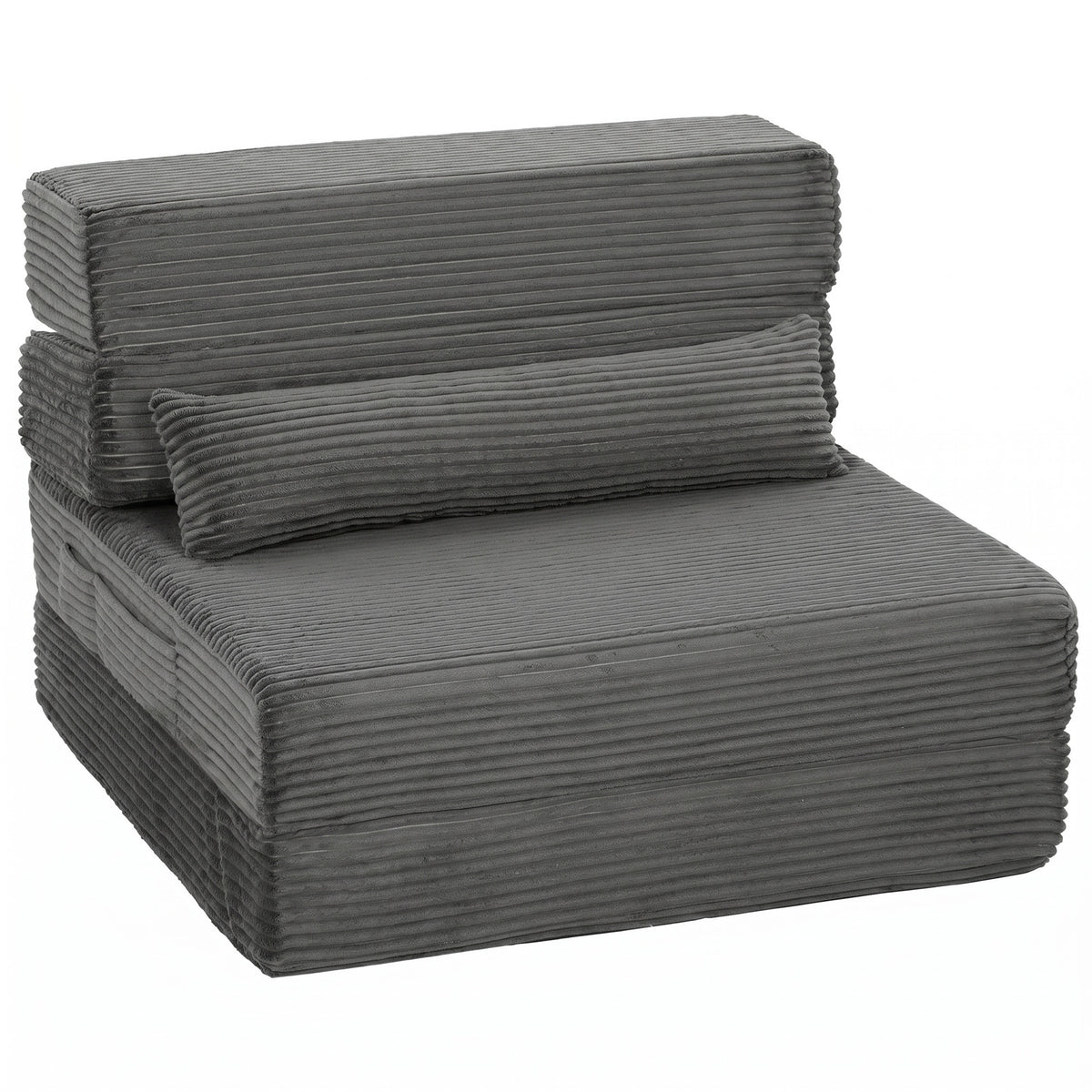 28" Folding Sofa Bed, Boneless Cloud Corduroy Sleeper Floor Chair, Floor Sofa with Back Support, Thick Cushion, Lumbar Pillow, Side Pockets for Living Room, Dark Grey