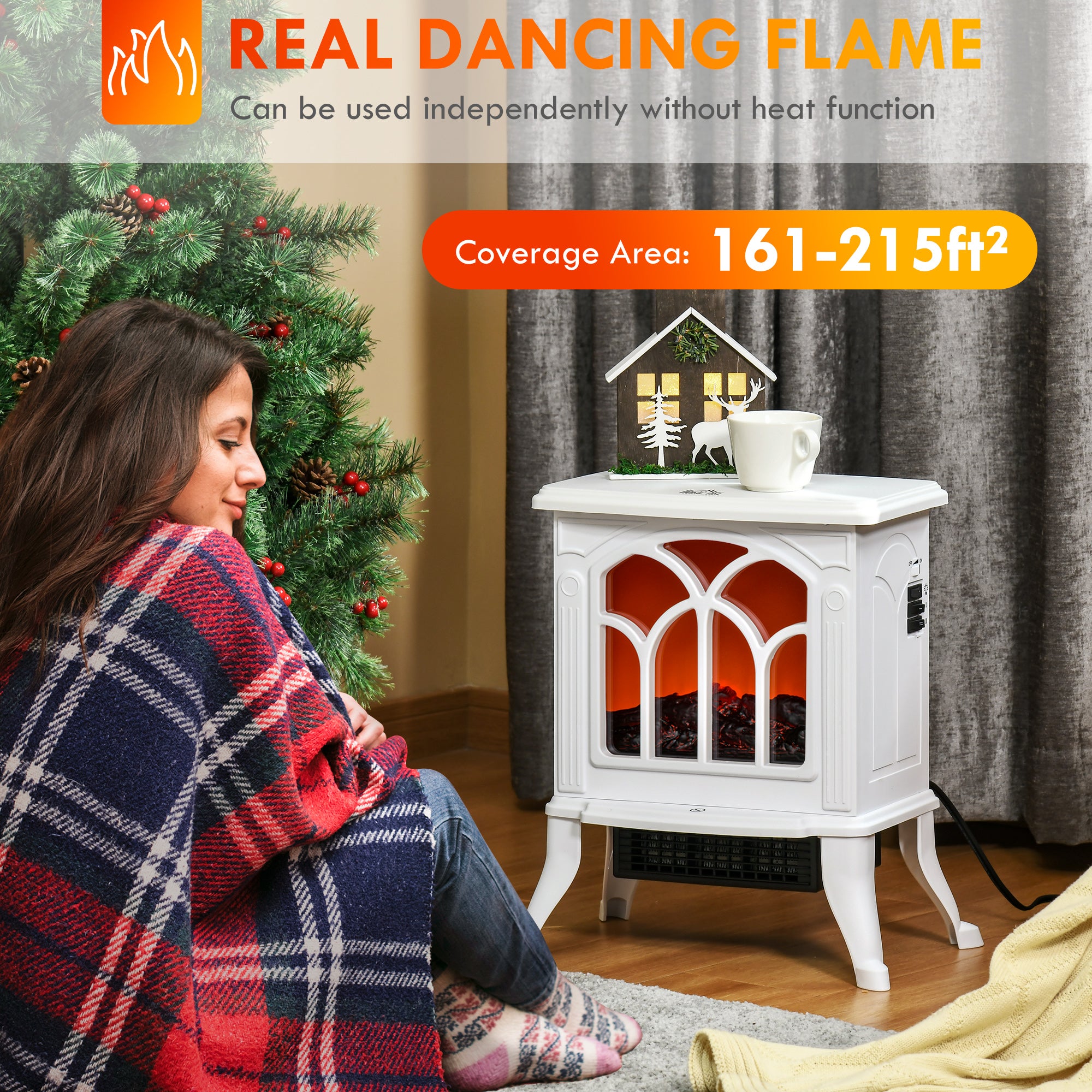 Electric Fireplace Heater, Freestanding Fireplace Stove with Realistic Logs and Flame Effect, 750W/1500W, White