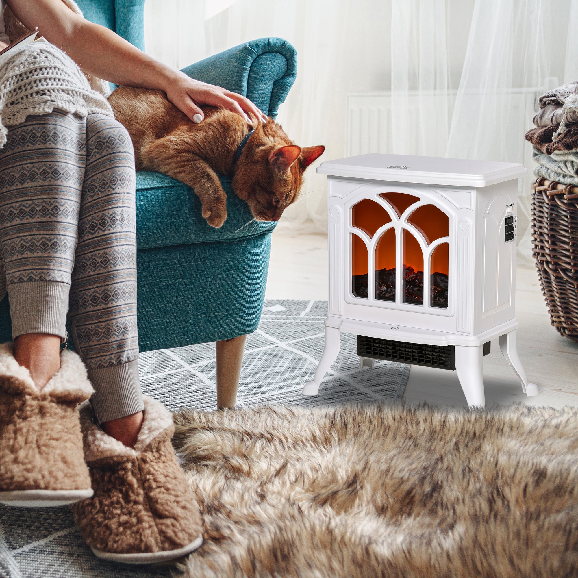 Electric Fireplace Heater, Freestanding Fireplace Stove with Realistic Logs and Flame Effect, 750W/1500W, White