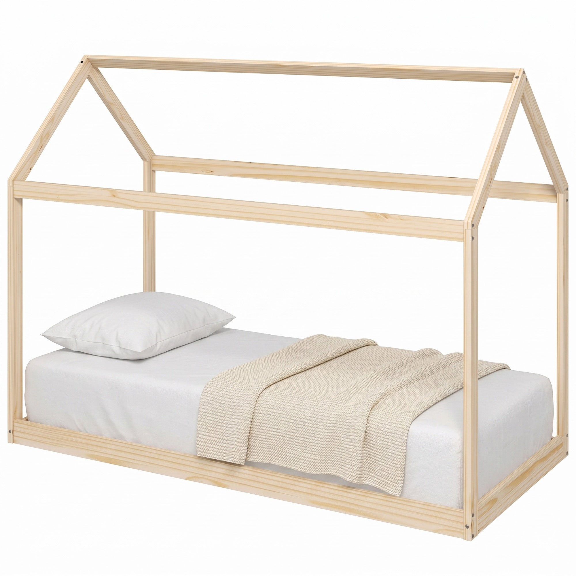 Single Bed Frame, House Scandinavian Style Wooden Bed Frame for 90W x 190Dcm Mattress, Pine Wood Bed Base, Natural Wood Finish