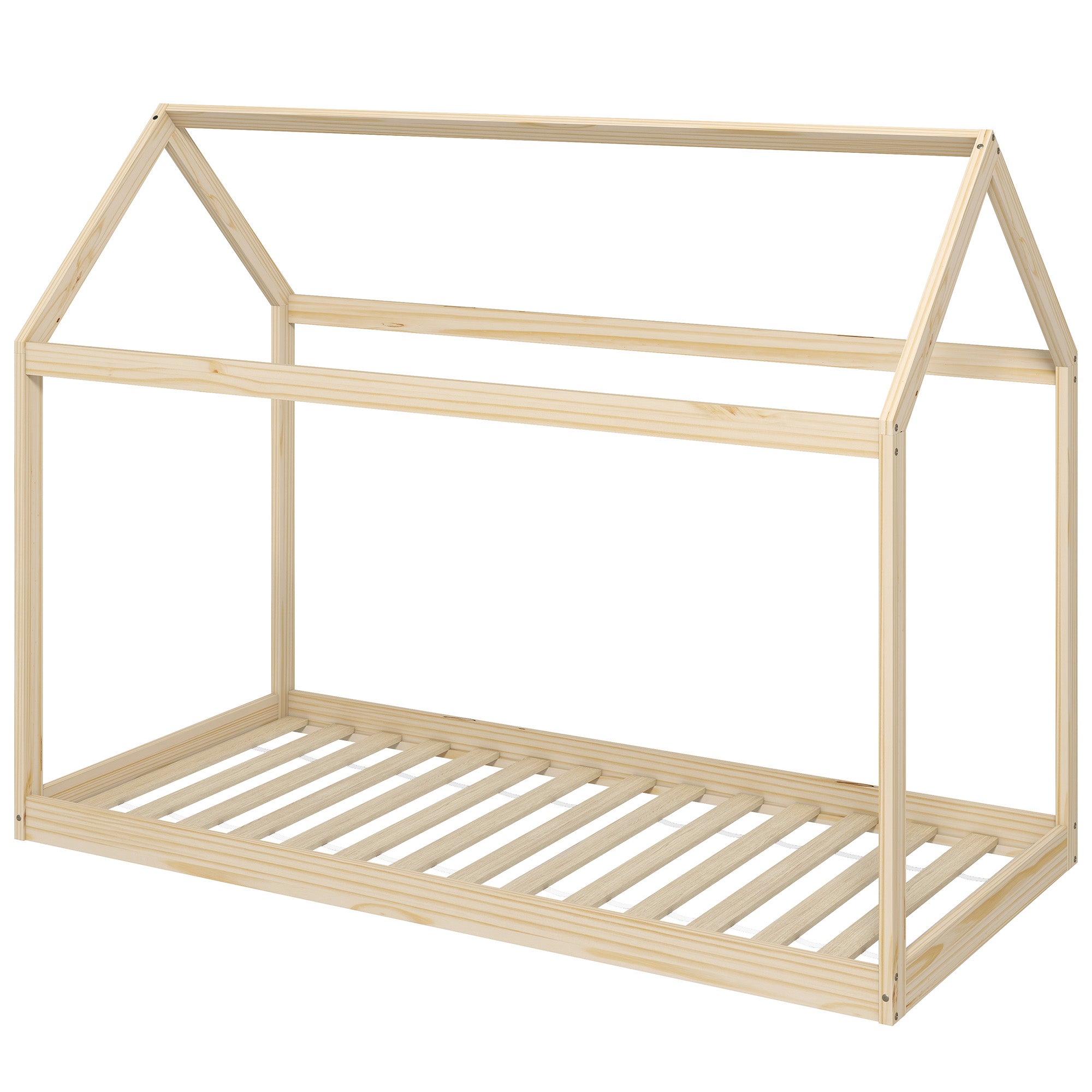Single Bed Frame, House Scandinavian Style Wooden Bed Frame for 90W x 190Dcm Mattress, Pine Wood Bed Base, Natural Wood Finish