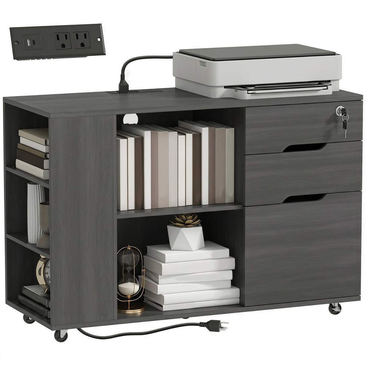 Lateral File Cabinet with Power Outlets, Drawers, Mobile Filing Cabinets, Cubbies, Shelves, Home Office Printer Stand, for A4, Letter Files, Home Office, Black Wood Grain