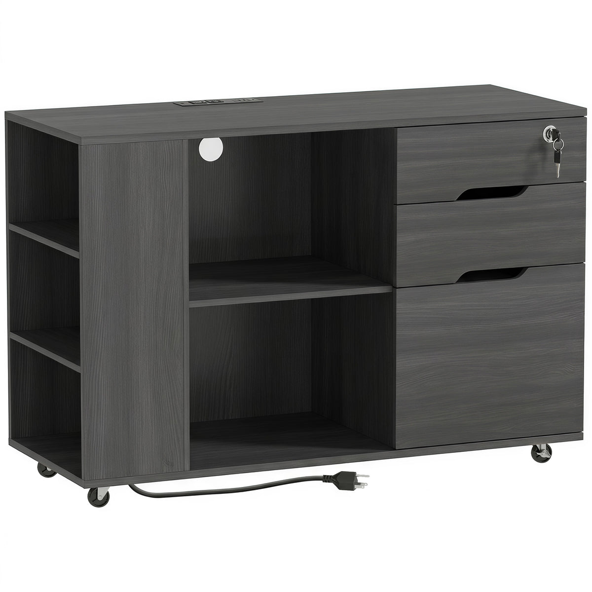 Lateral File Cabinet with Power Outlets, Drawers, Mobile Filing Cabinets, Cubbies, Shelves, Home Office Printer Stand, for A4, Letter Files, Home Office, Black Wood Grain