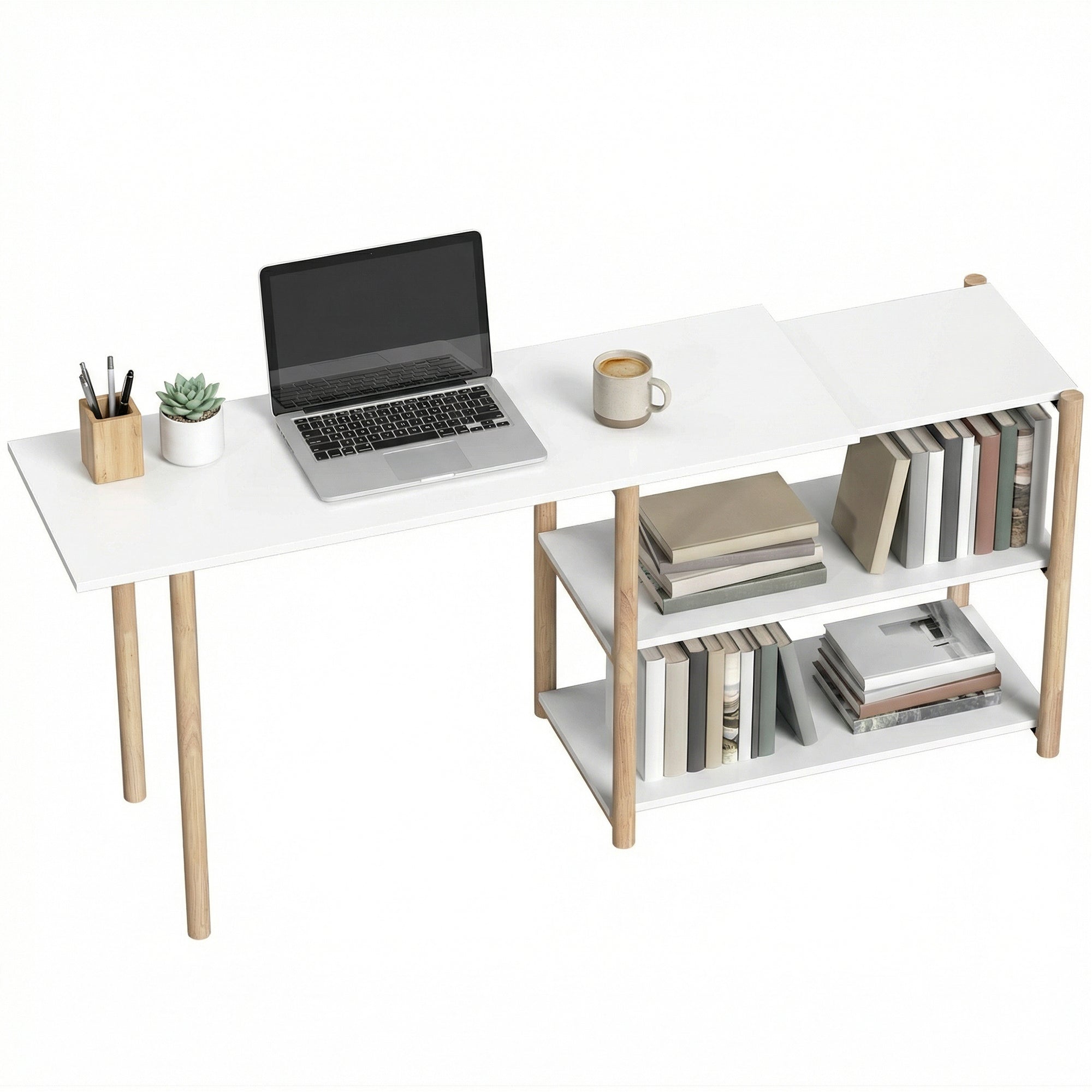 Computer Desk, Modern Writing Desk with Storage Shelves and Bamboo Frame, Easy Assembly Study Table for Home Office, Bedroom, 150 cm, White and Oak