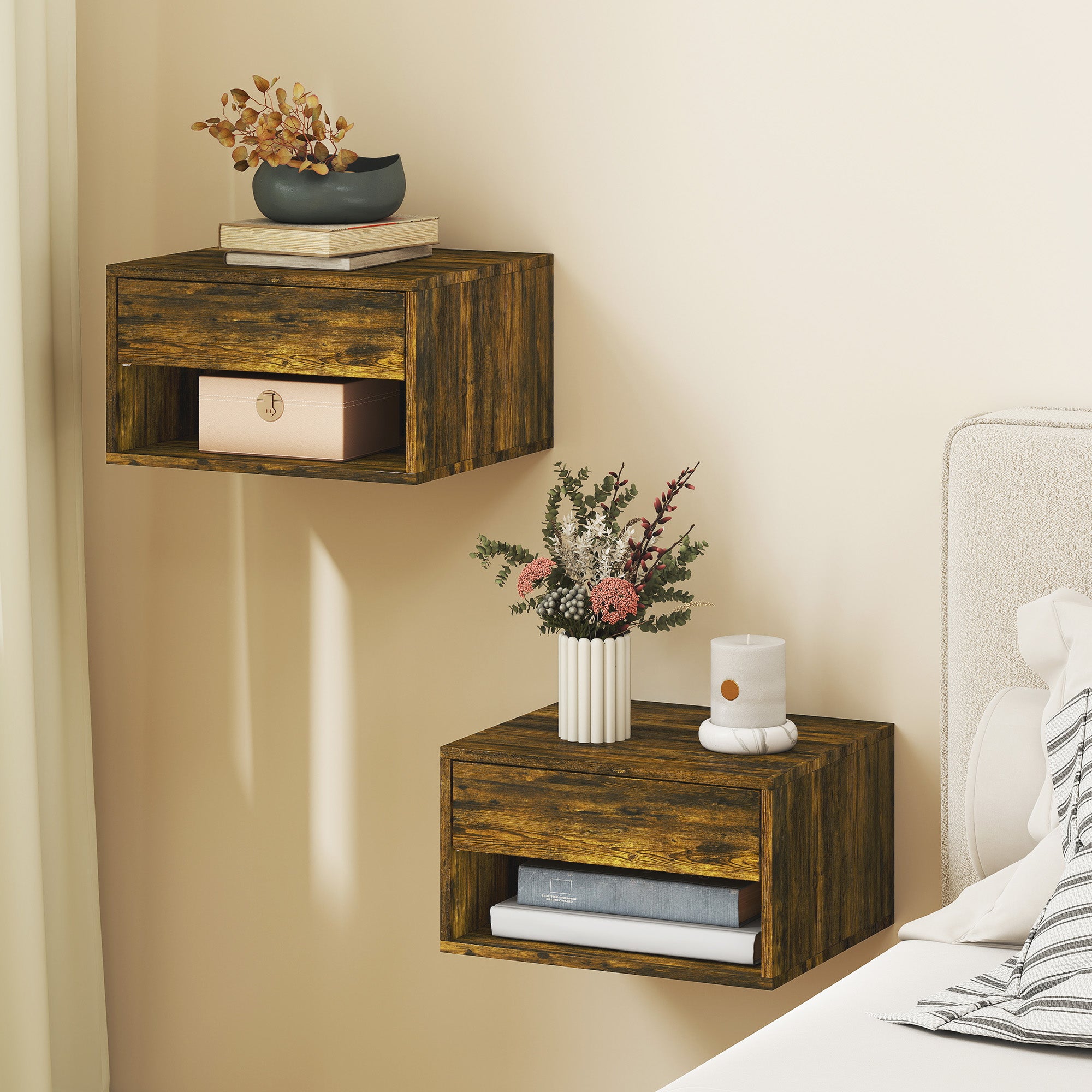 Floating Bedside Tables Set of 2, Wall Mounted Nightstand with Drawer and Open Shelf for Bedroom, Rustic Brown