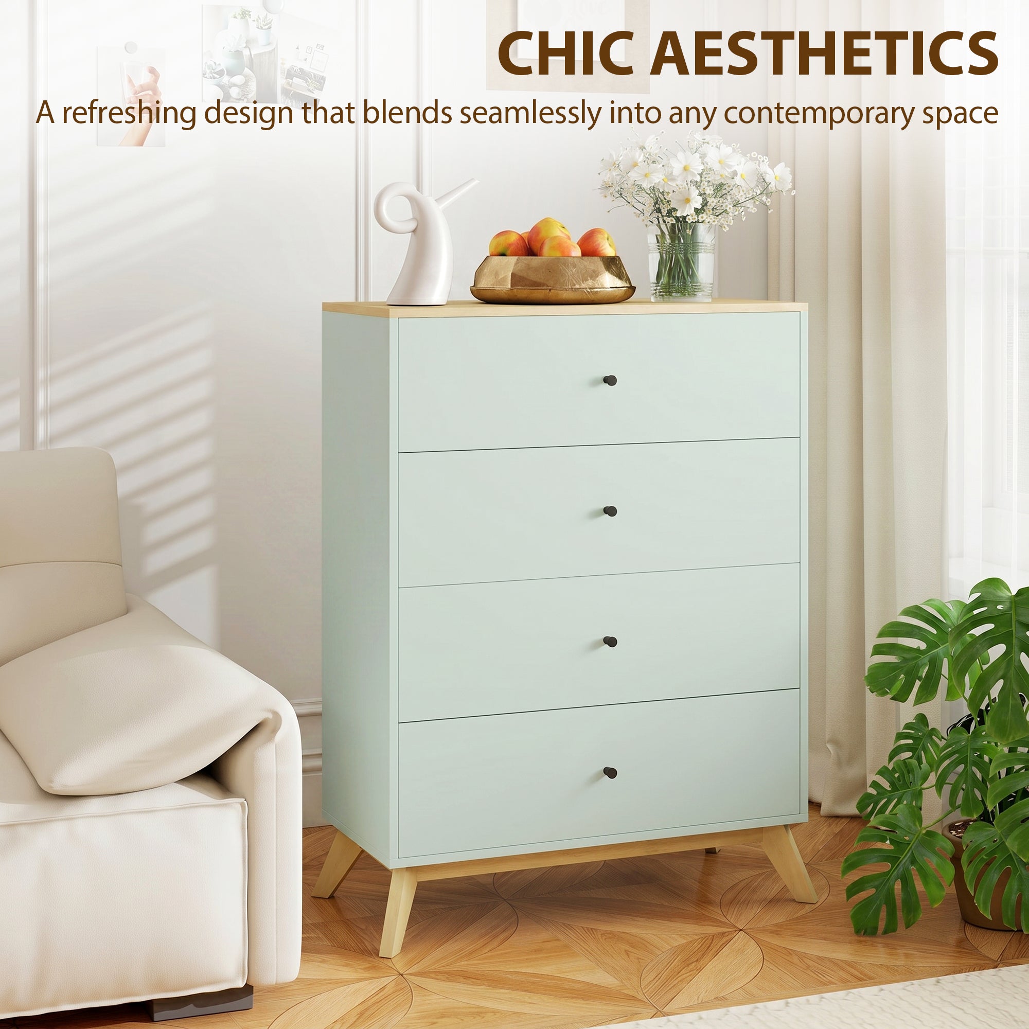 Chest of Drawers, 4 Drawer Storage Cabinet Floor Tower Cupboard for Bedroom Living Room, Light Green and Oak
