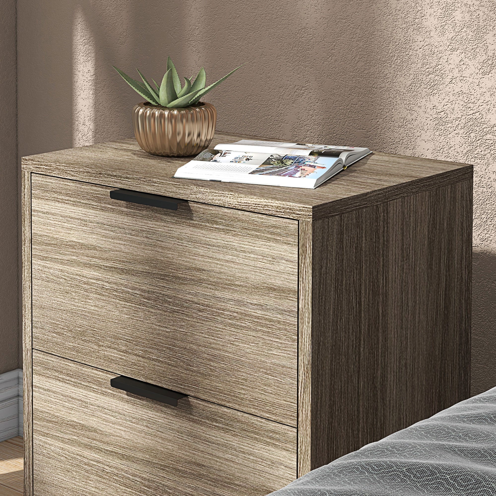 HOMCOM Bedside Tables Set of 2, Modern Nightstand with 2 Drawers, Small Sofa End Tables with Storage and Steel Legs for Bedroom, Living Room, Grey