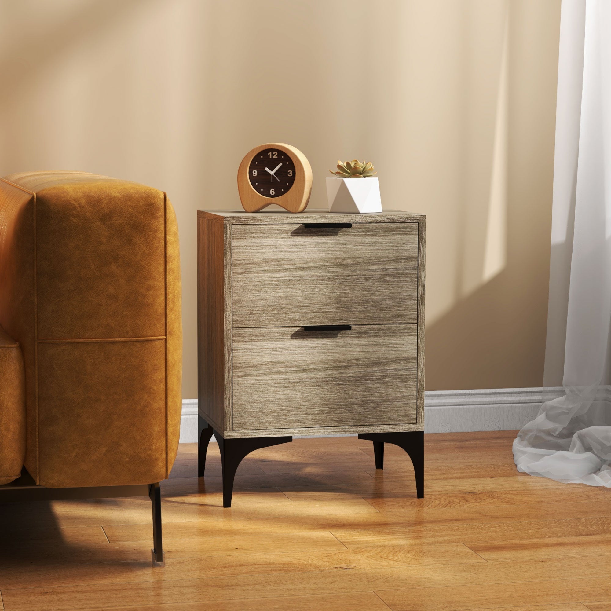 HOMCOM Bedside Tables Set of 2, Modern Nightstand with 2 Drawers, Small Sofa End Tables with Storage and Steel Legs for Bedroom, Living Room, Grey