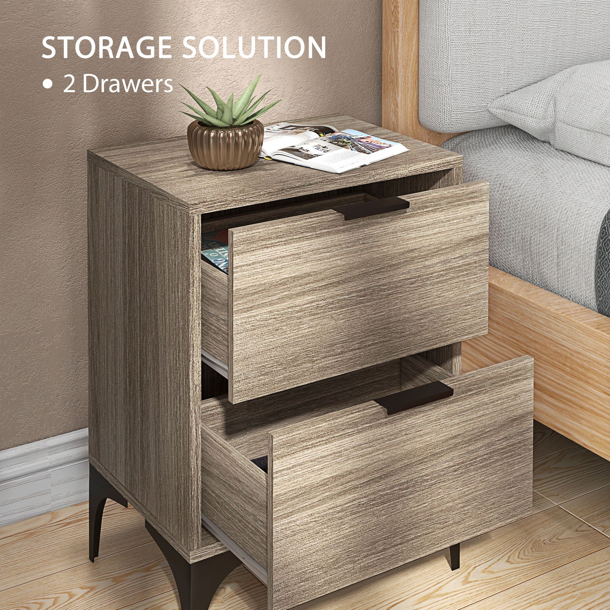 HOMCOM Bedside Tables Set of 2, Modern Nightstand with 2 Drawers, Small Sofa End Tables with Storage and Steel Legs for Bedroom, Living Room, Grey