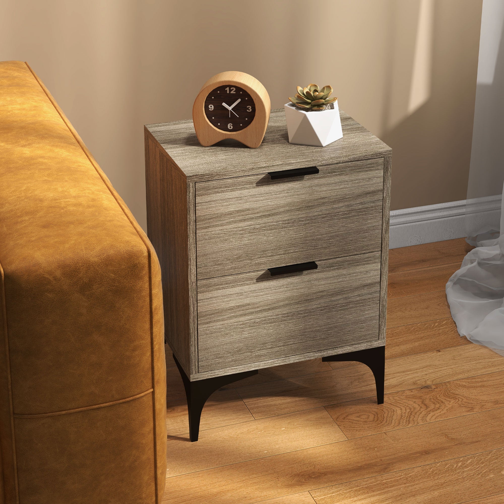 HOMCOM Bedside Tables Set of 2, Modern Nightstand with 2 Drawers, Small Sofa End Tables with Storage and Steel Legs for Bedroom, Living Room, Grey
