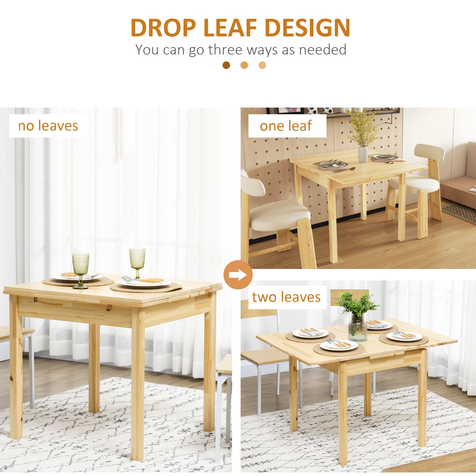 Folding Dining Table with Pine Wood Frame Drop Leaf for Small Spaces Natural