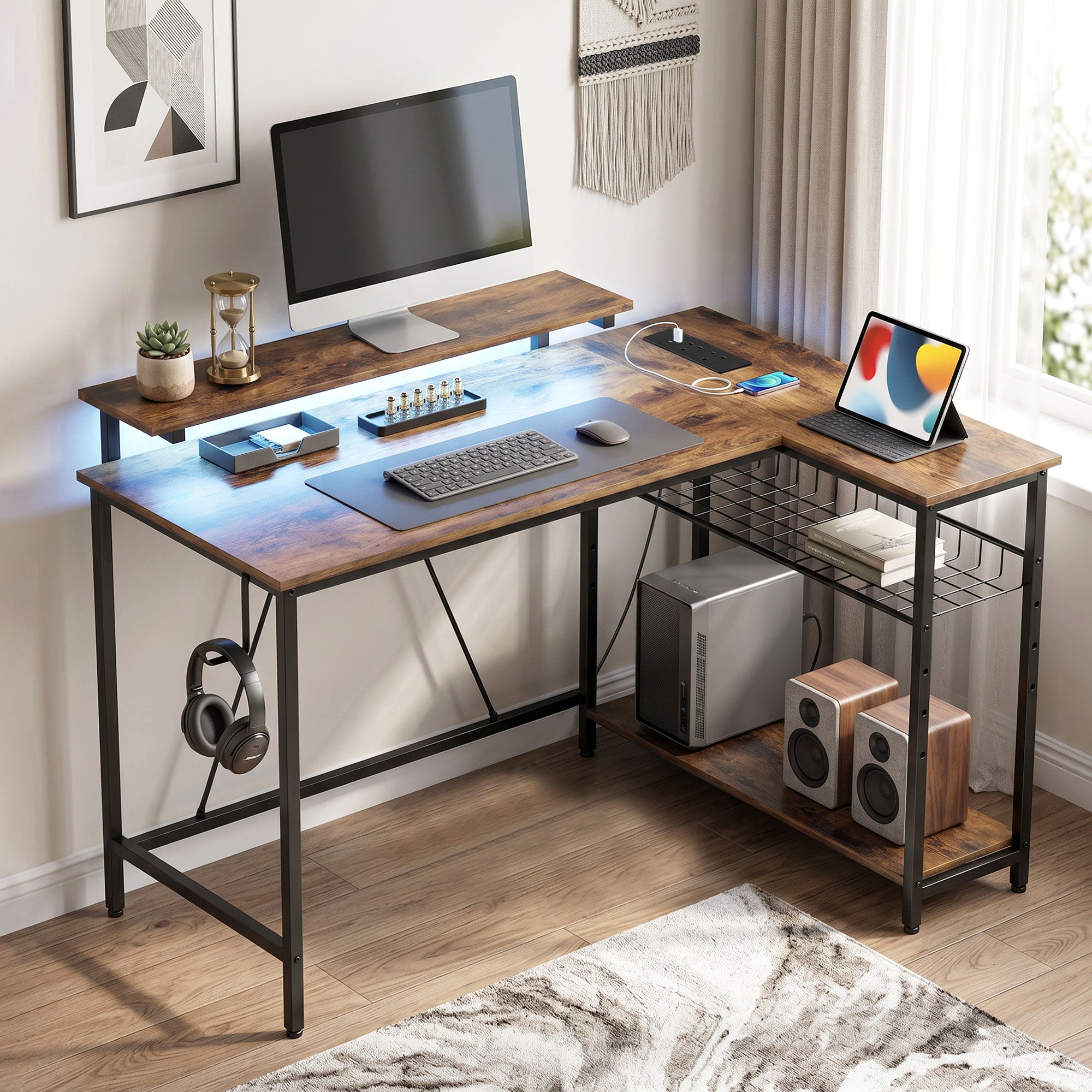 L Shaped Gaming Desk with LED Lights, Power Outlet, USB Charging Ports, 107cm Reversible Corner Computer Desk with Storage Shelves, Monitor Stand for Home Office, Small Space, Rustic Brown