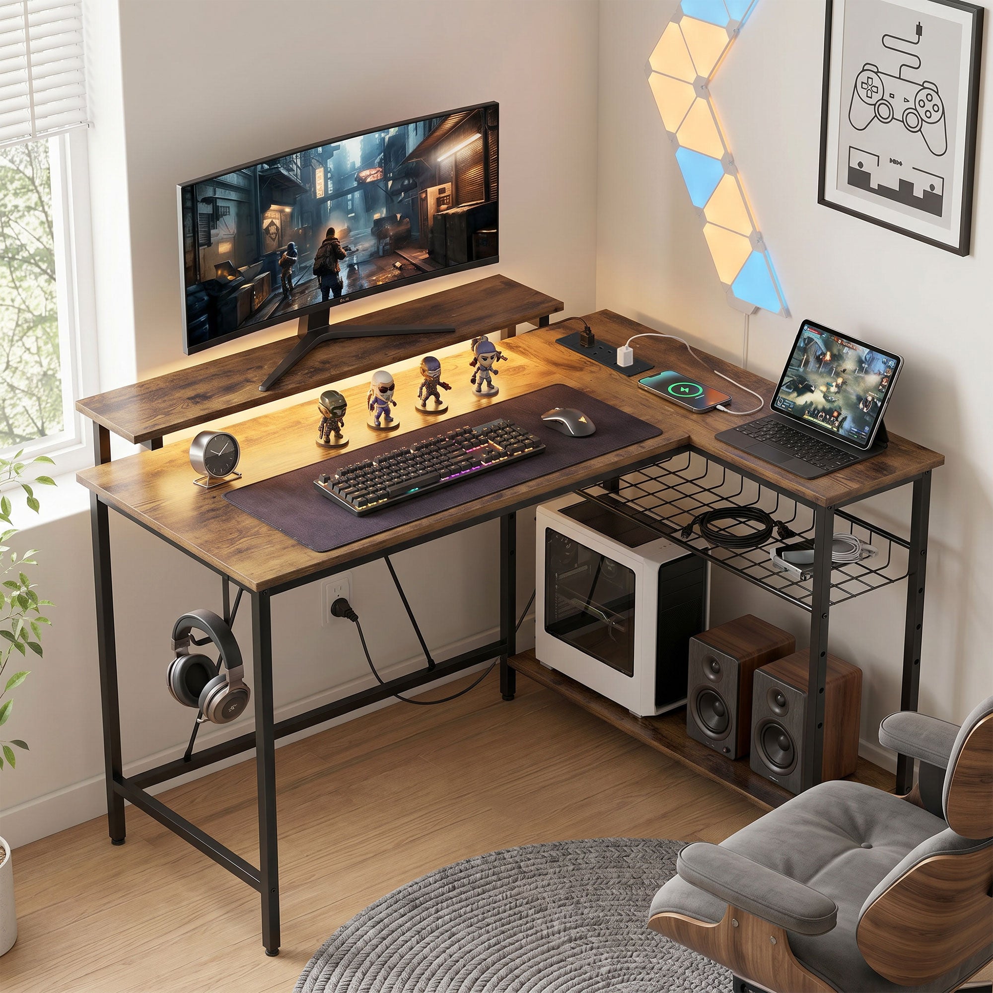 L Shaped Gaming Desk with LED Lights, Power Outlet, USB Charging Ports, 107cm Reversible Corner Computer Desk with Storage Shelves, Monitor Stand for Home Office, Small Space, Rustic Brown