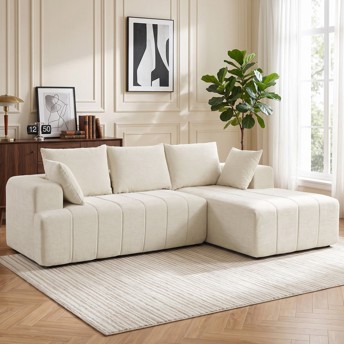 101" Modular Sectional Sofa with Chaise, Chenille Boneless Cloud Sofa Bed, 3 Seater L-Shaped Couch with Spring Cushion, Wide and Deep Seat, Wide Arms, No Assembly, Beige
