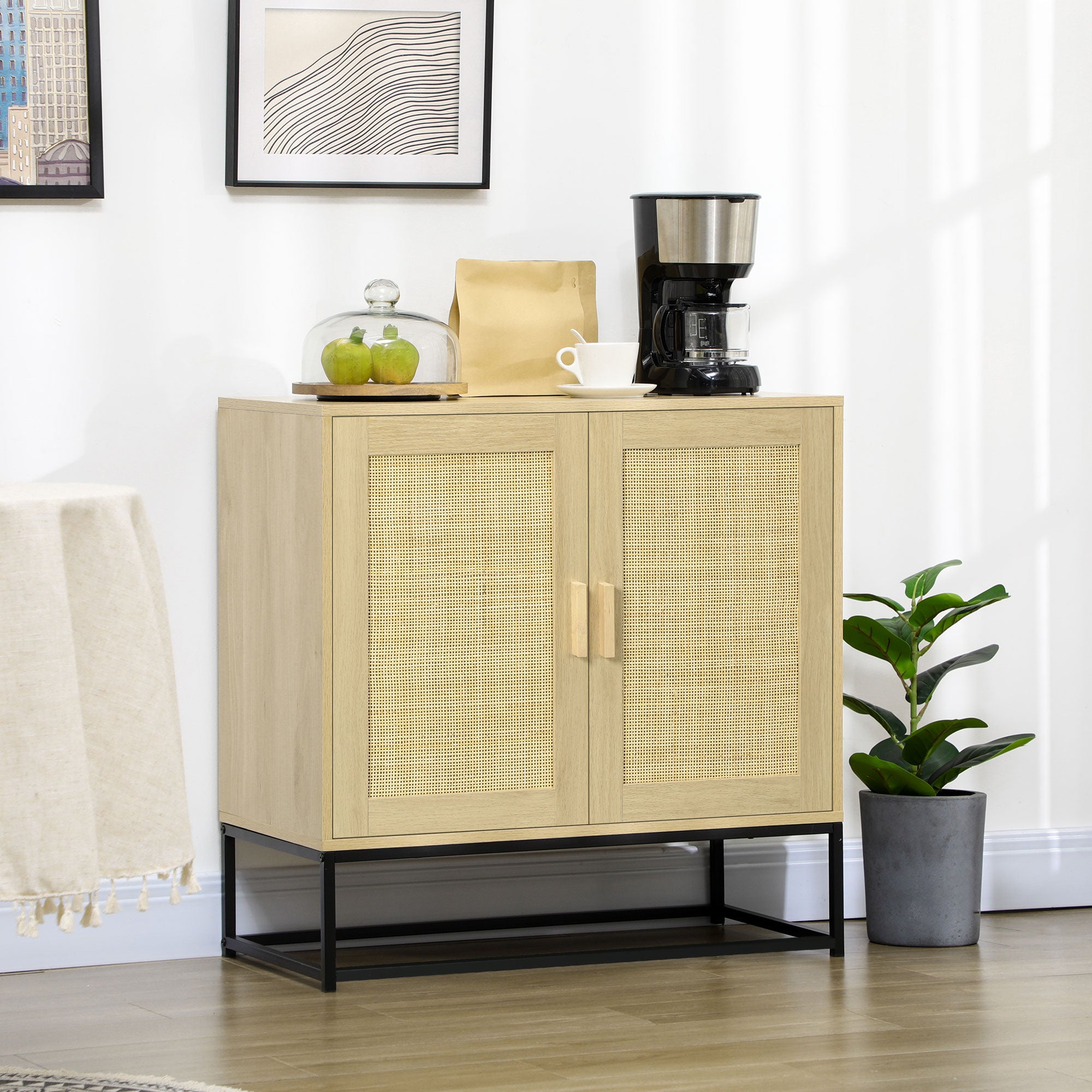 HOMCOM Wood Sideboard, Accent Storage Cabinet with 2 Rattan Doors, Adjustable Shelf and Steel Legs for Living Room, Pale Cream