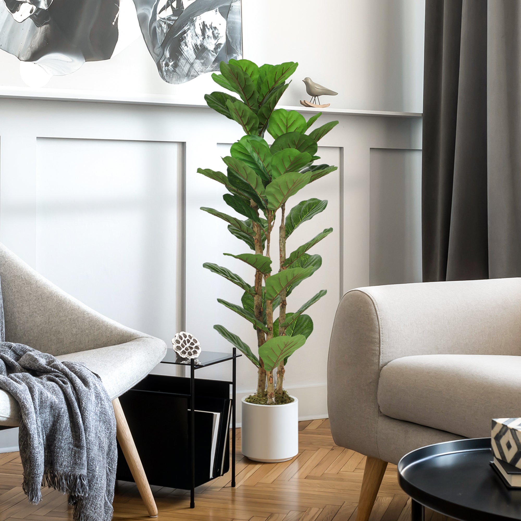 4FT Artificial Fiddle Leaf Fig Tree with Solid Wood Trunks, Lifelike Fake Tree with 45 Leaves in Pot for Indoor Living Room Office Home Decor, Green