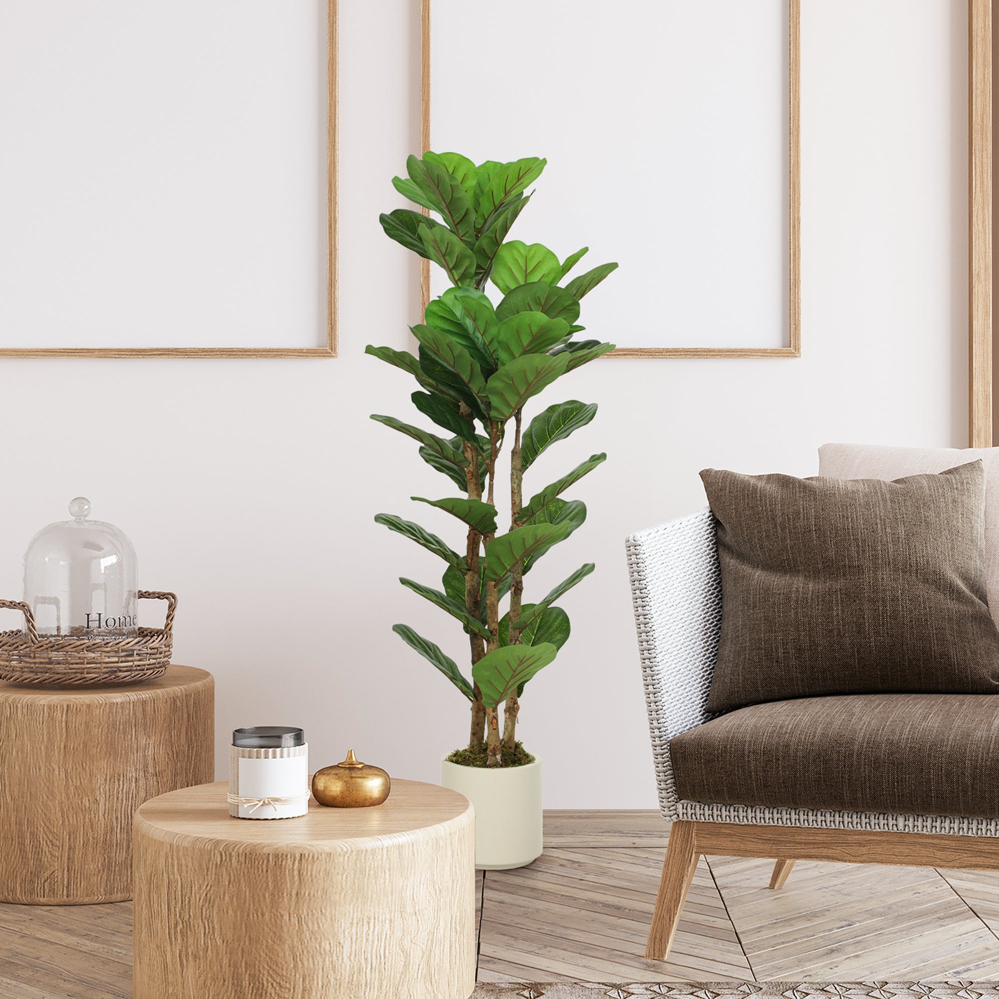 4FT Artificial Fiddle Leaf Fig Tree with Solid Wood Trunks, Lifelike Fake Tree with 45 Leaves in Pot for Indoor Living Room Office Home Decor, Green