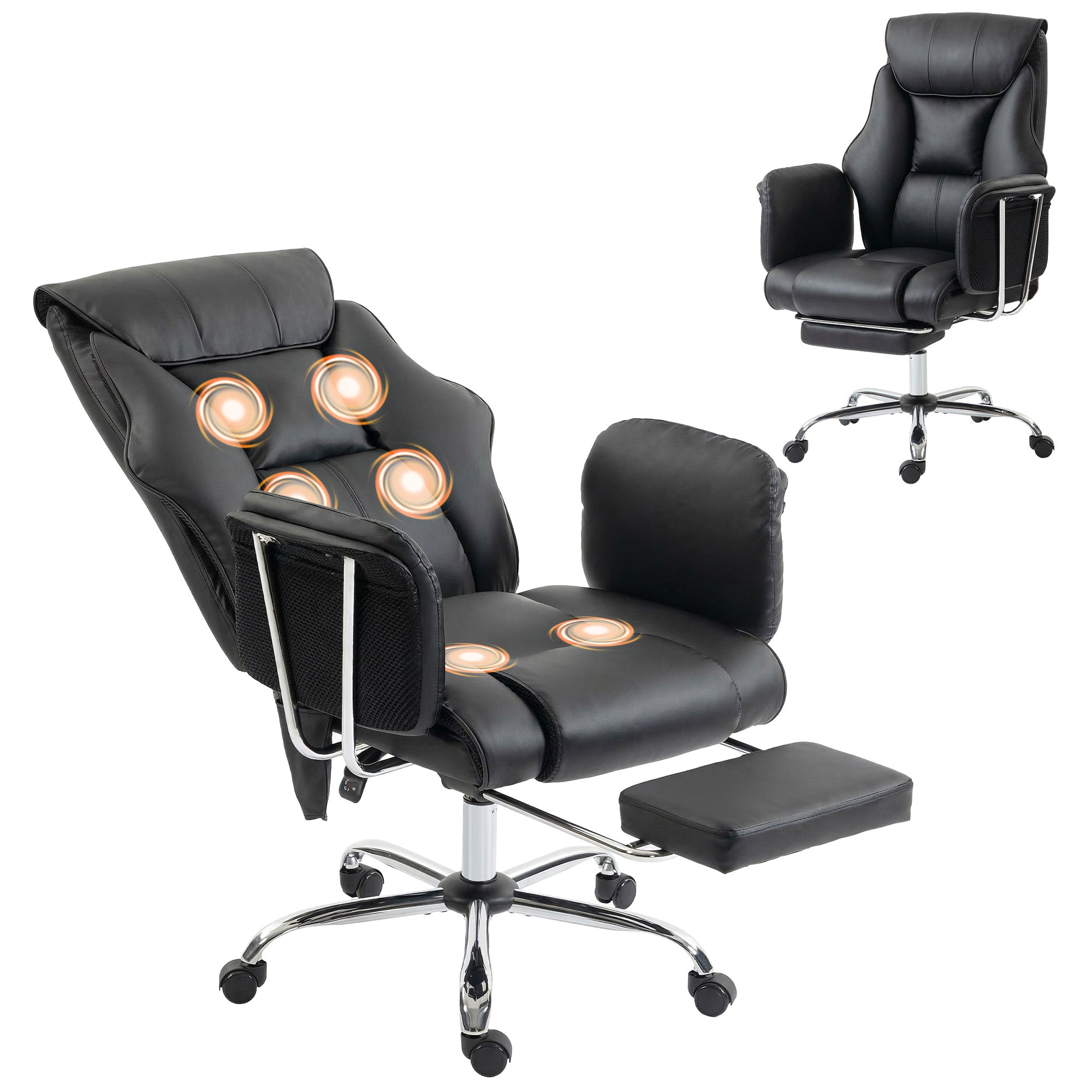 Massage Office Chair with 6-Point Vibration, Overstuffed Reclining Desk Chair with High Back, PU Leather, Footrest, Thick Spring Cushion, Lumbar Support, Adjustable Height, Swivel Wheels, Black