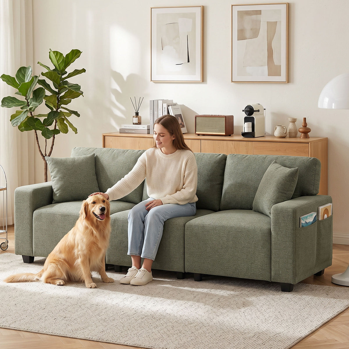3 Seater Sofa, Linen-Look Fabric Upholstered Small Couch, Modern Sofa Settee with Storage Pockets, Pocket Springs and 2 Pillows for Living Room, Green