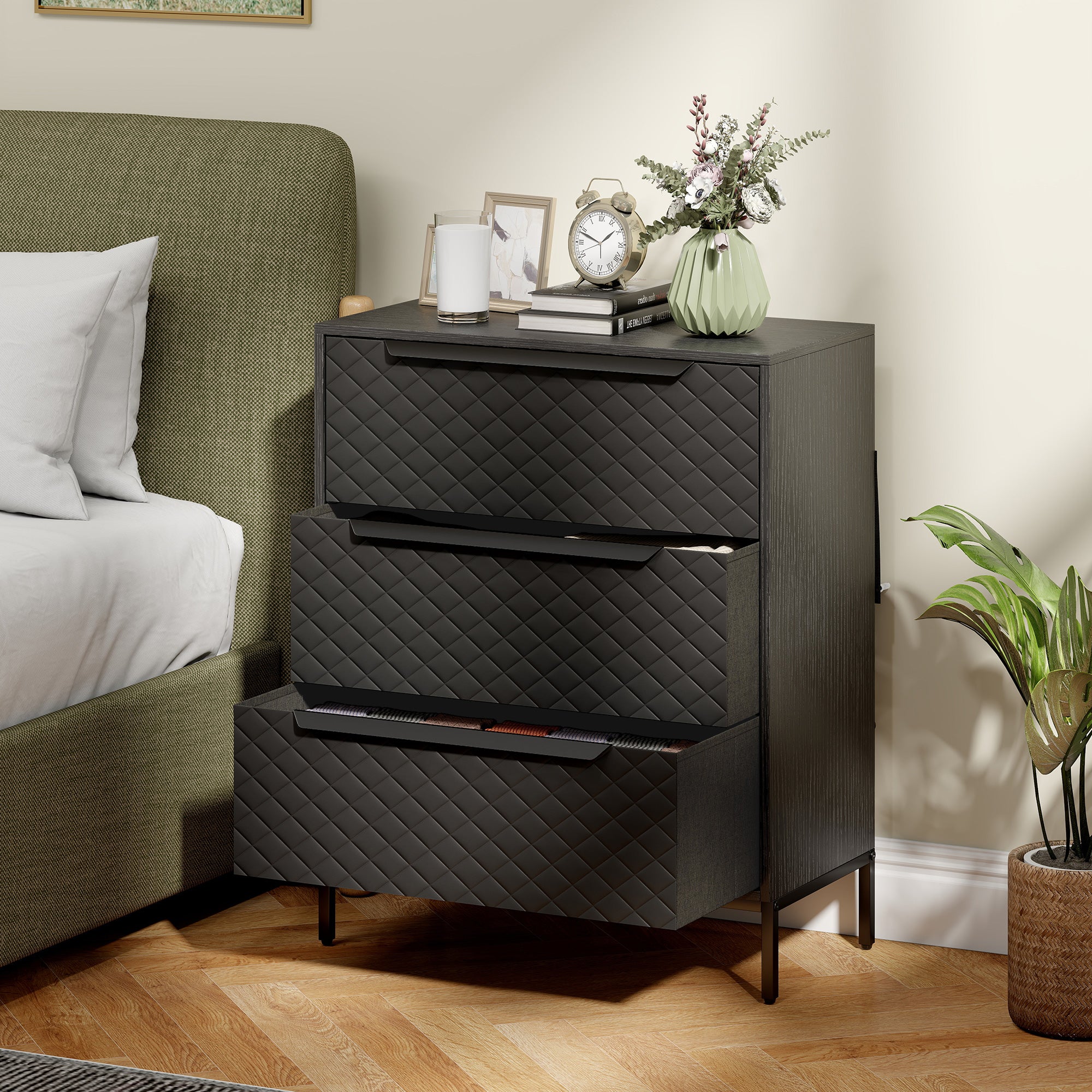 Chest of Drawers, Dresser with 3 Fabric Drawers, Bedroom Storage Unit with Aluminium Handles and Wood-effect Top for Living Room, Hallway, Entryway, Black