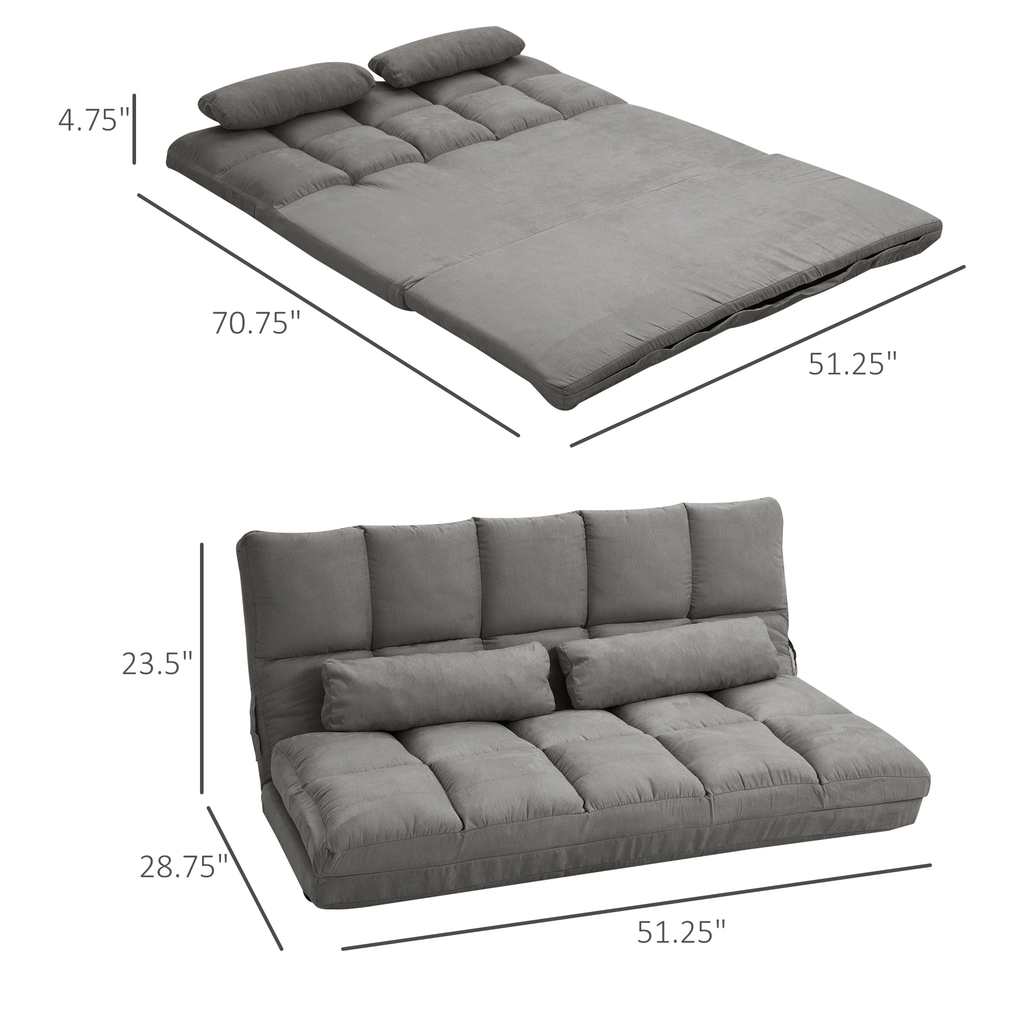 Recliner Sofa, Convertible Floor Sofa Chair with 2 Pillows, Adjustable Backrest and Headrest, Dark Gray