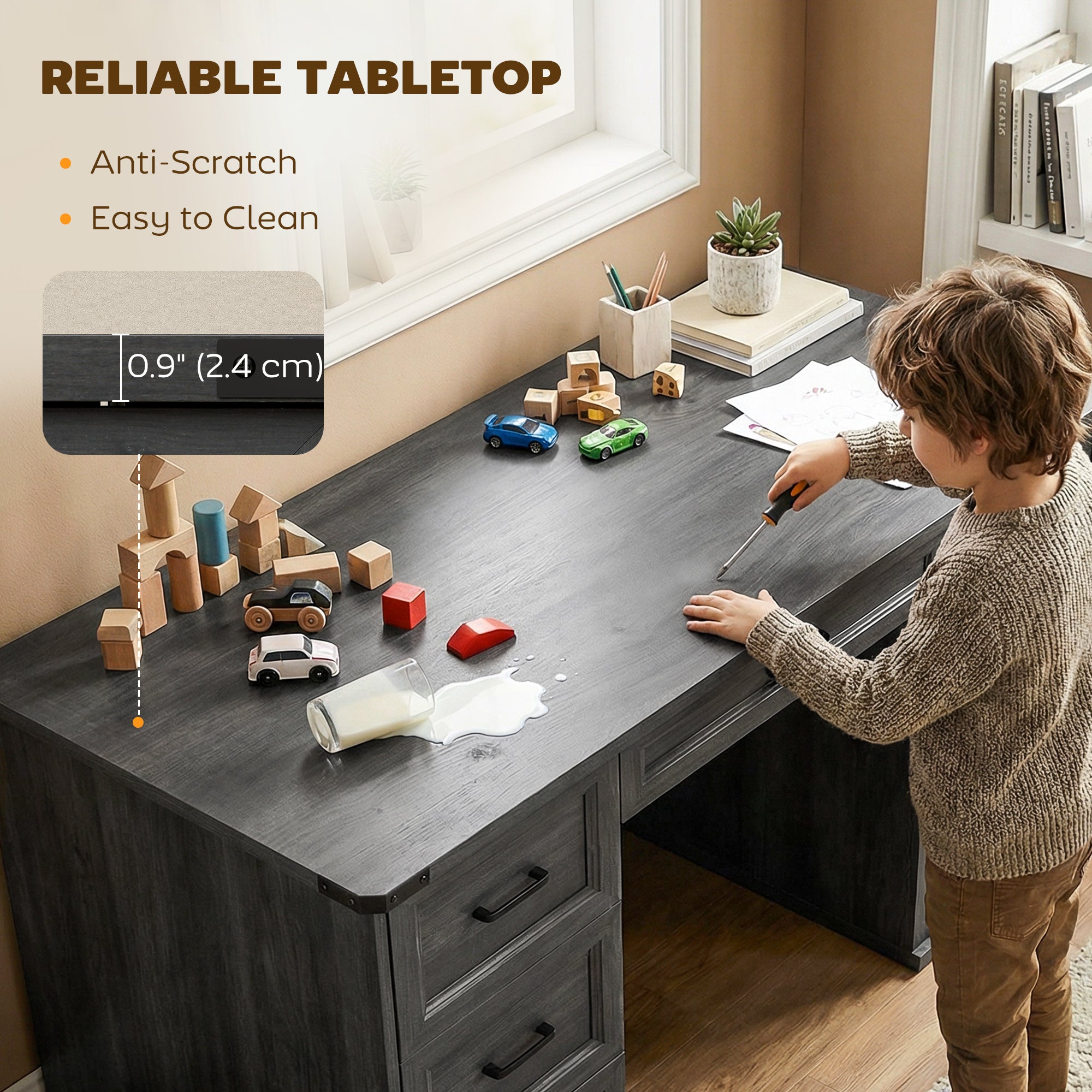 55" Farmhouse Executive Desk, Computer Desk with Drawers, Study Table for Home Office, Bedroom, Black Wood Grain