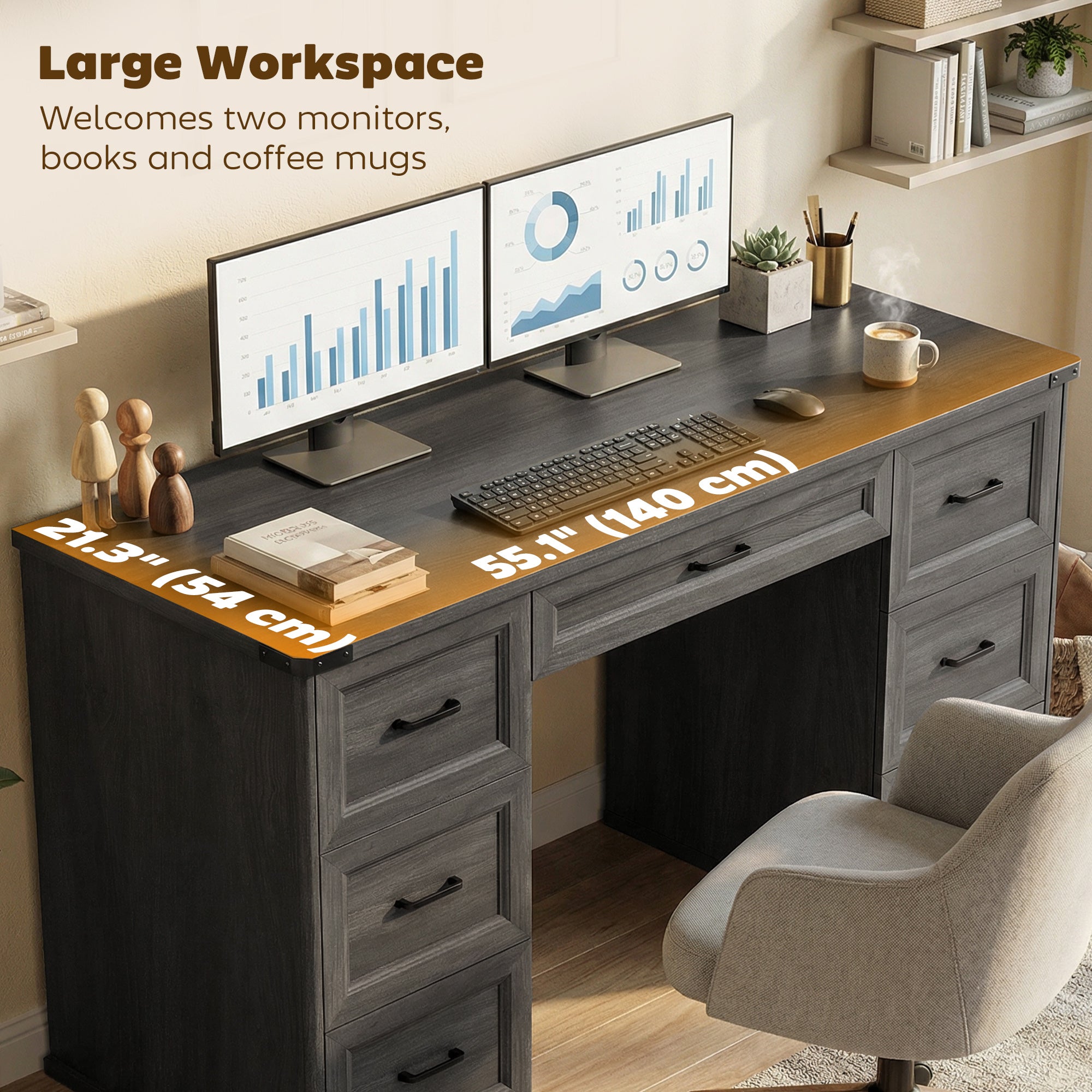 55" Farmhouse Executive Desk, Computer Desk with Drawers, Study Table for Home Office, Bedroom, Black Wood Grain