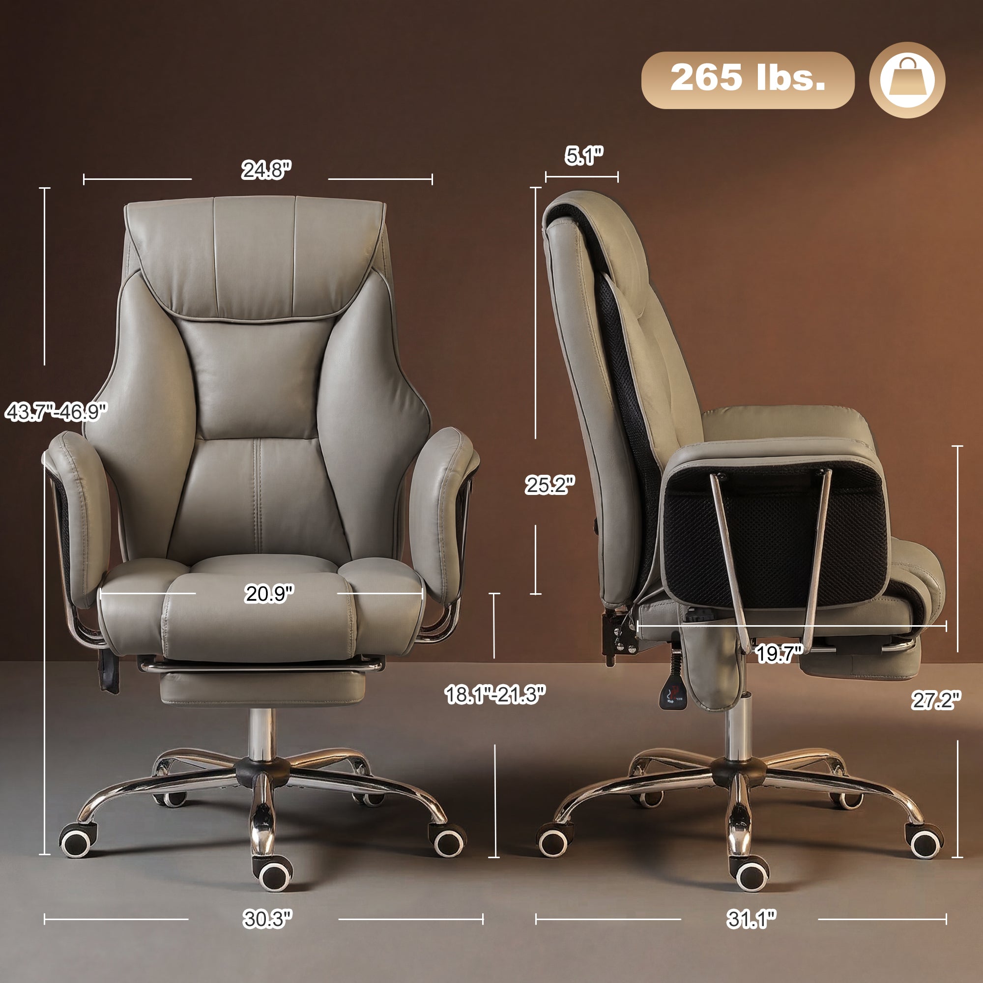 Massage Office Chair with 6-Point Vibration, Overstuffed Reclining Desk Chair with High Back, PU Leather, Footrest, Thick Spring Cushion, Lumbar Support, Adjustable Height, Swivel Wheels, Gray