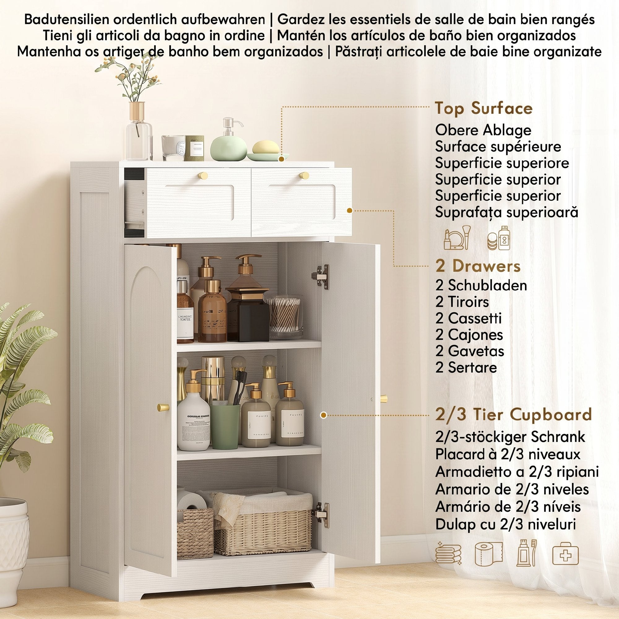 Bathroom Floor Cabinet with 2 Drawers, Freestanding Bathroom Storage Unit with Adjustable Shelf and Arched Doors, White
