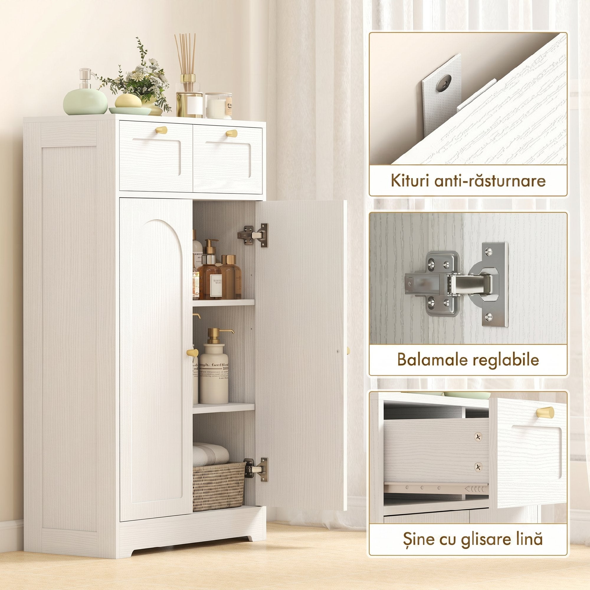 Bathroom Floor Cabinet with 2 Drawers, Freestanding Bathroom Storage Unit with Adjustable Shelf and Arched Doors, White
