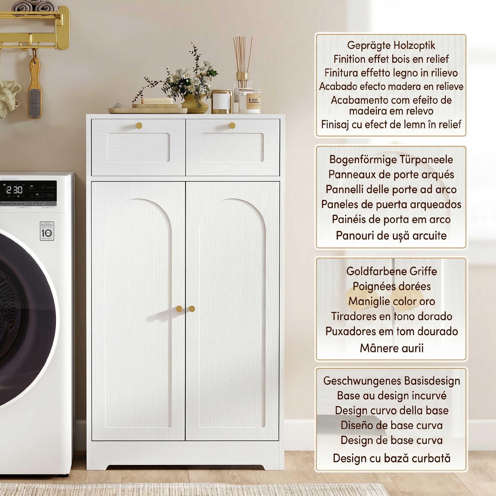 Bathroom Floor Cabinet with 2 Drawers, Freestanding Bathroom Storage Unit with Adjustable Shelf and Arched Doors, White