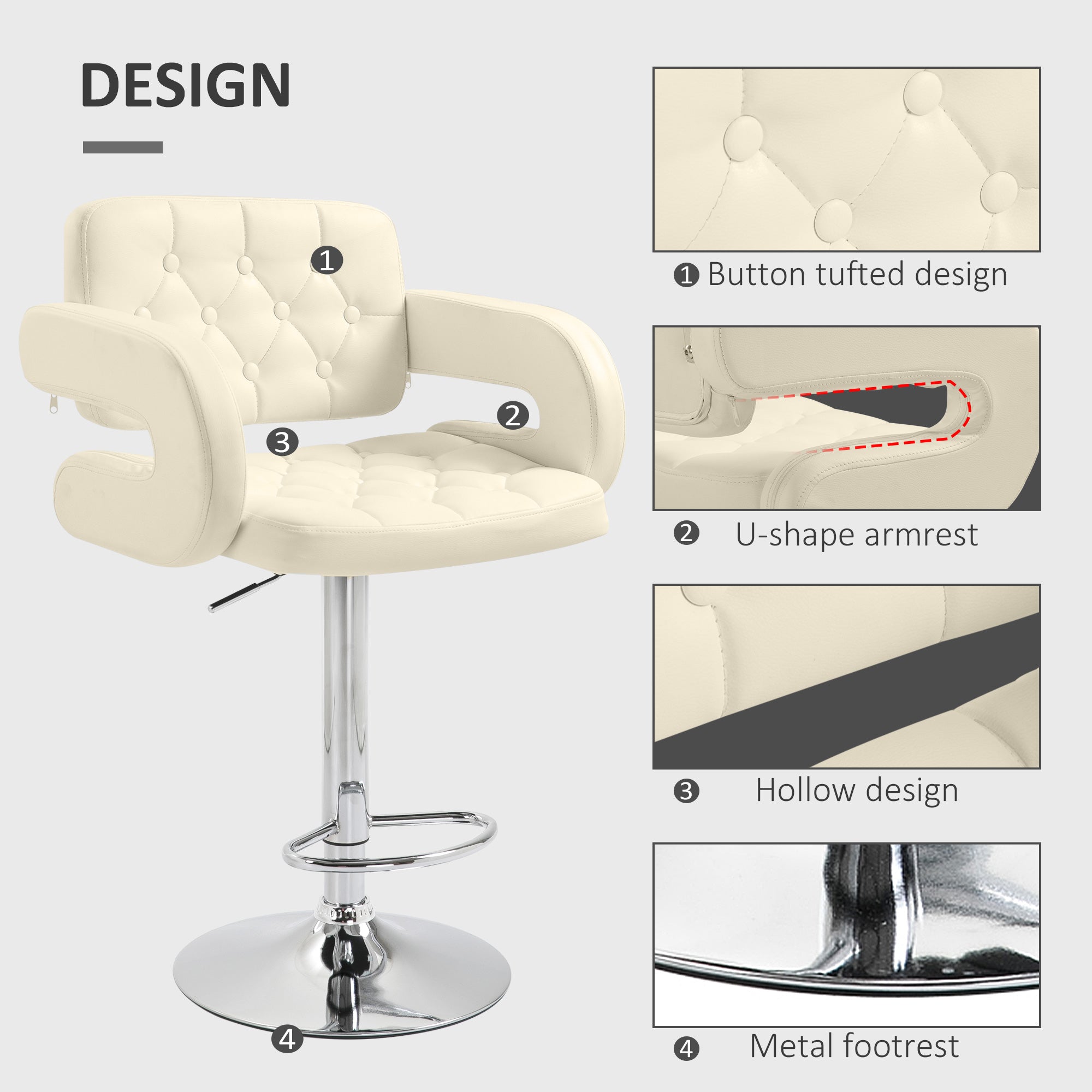HOMCOM Swivel Bar Stool with Extra Large Seat, PU Leather Upholstered Adjustable Barstool with Back, Arm and Footrest, Breakfast Bar Chair for Bistro, Kitchen, Beige