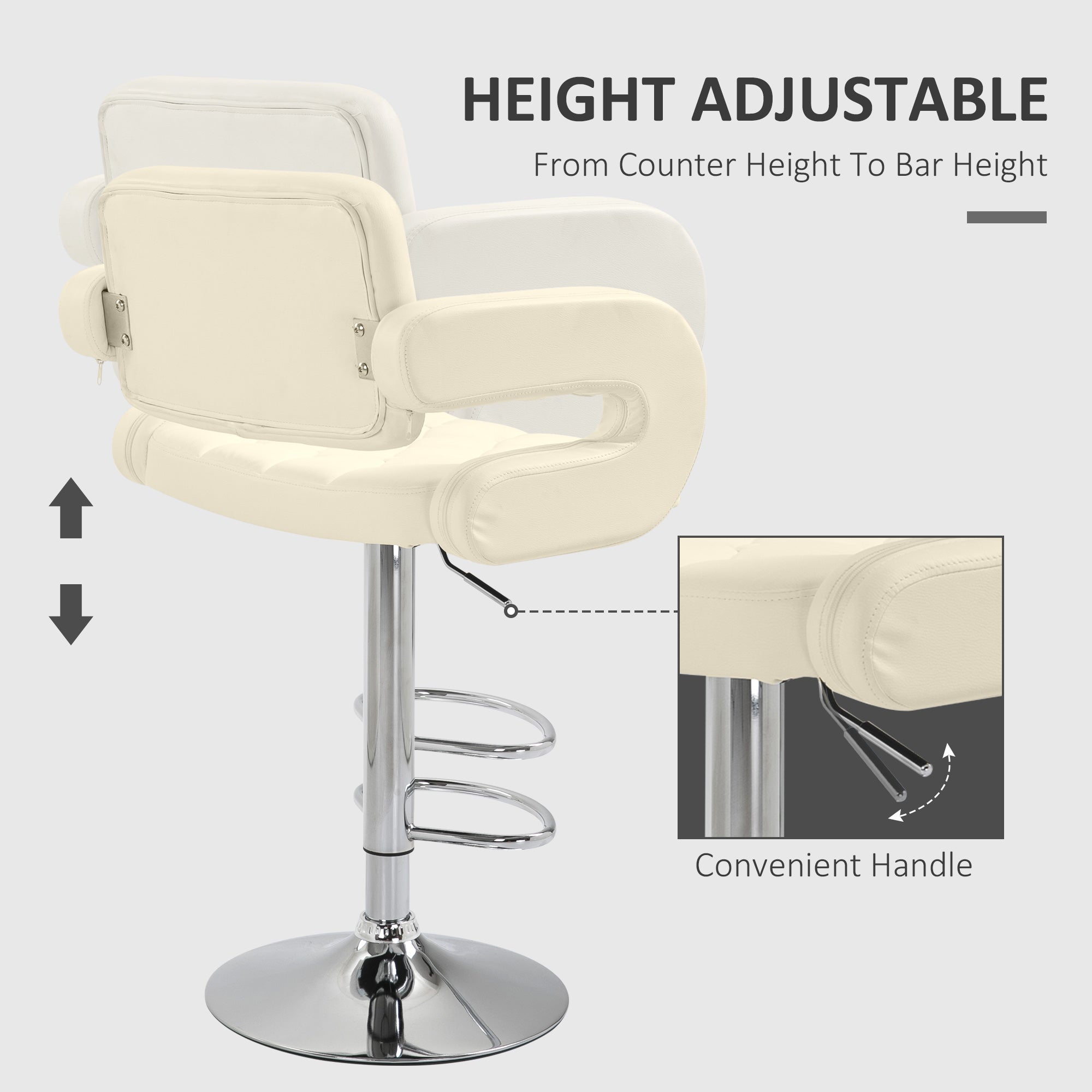 HOMCOM Swivel Bar Stool with Extra Large Seat, PU Leather Upholstered Adjustable Barstool with Back, Arm and Footrest, Breakfast Bar Chair for Bistro, Kitchen, Beige