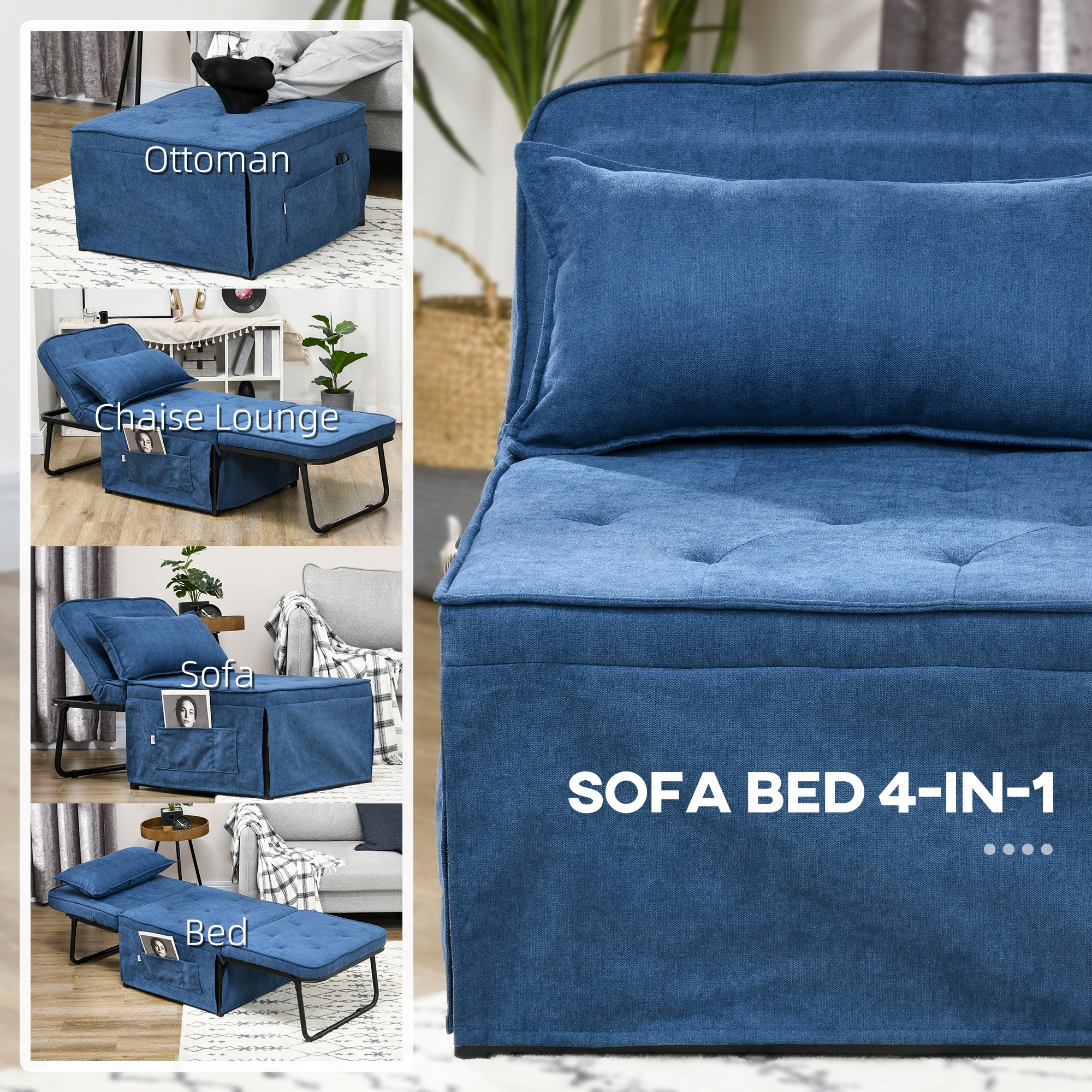 Ottoman Sofa Bed 4 in 1 Multi Function Folding Sleeper Chair Bed with Adjustable Backrest Blue