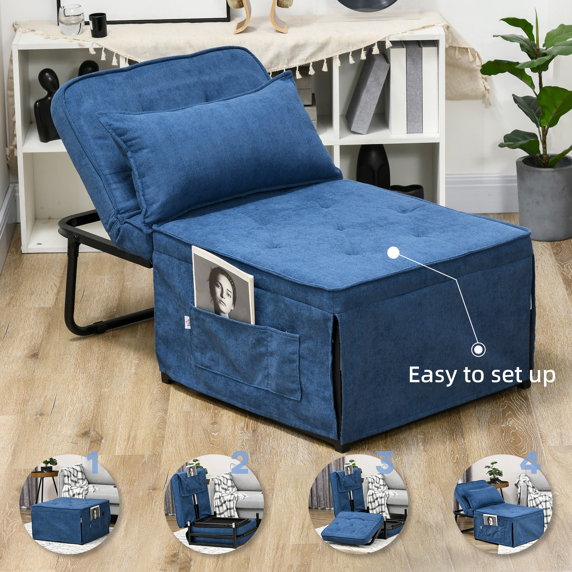 Ottoman Sofa Bed 4 in 1 Multi Function Folding Sleeper Chair Bed with Adjustable Backrest Blue