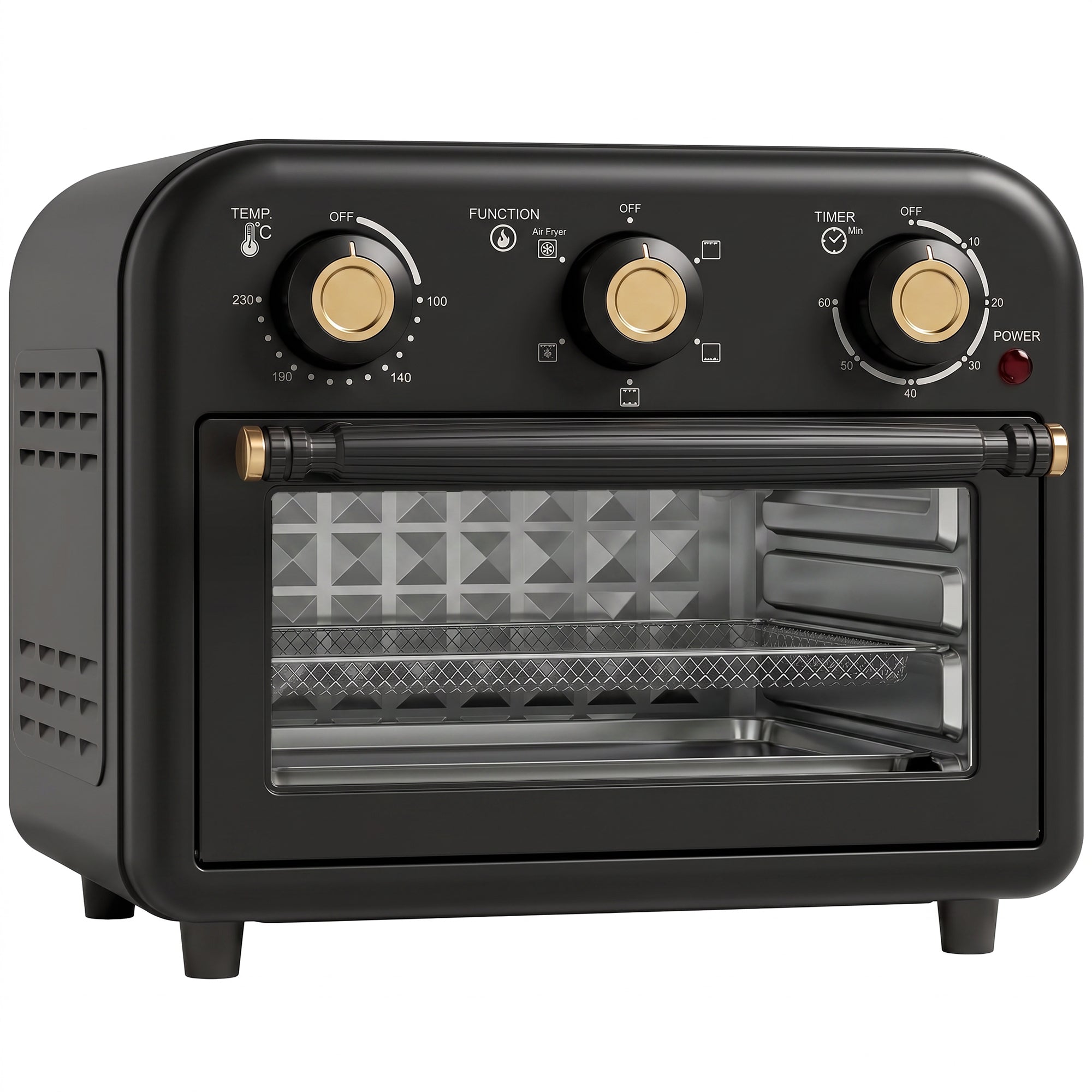 Air Fryer Toaster Oven, 12 L Small Convection Countertop Oven with Knob Controls, Baking Tray and Fry Basket, Adjustable Temperature, Timer, Dishwasher Safe, 1200W, Steel, Black