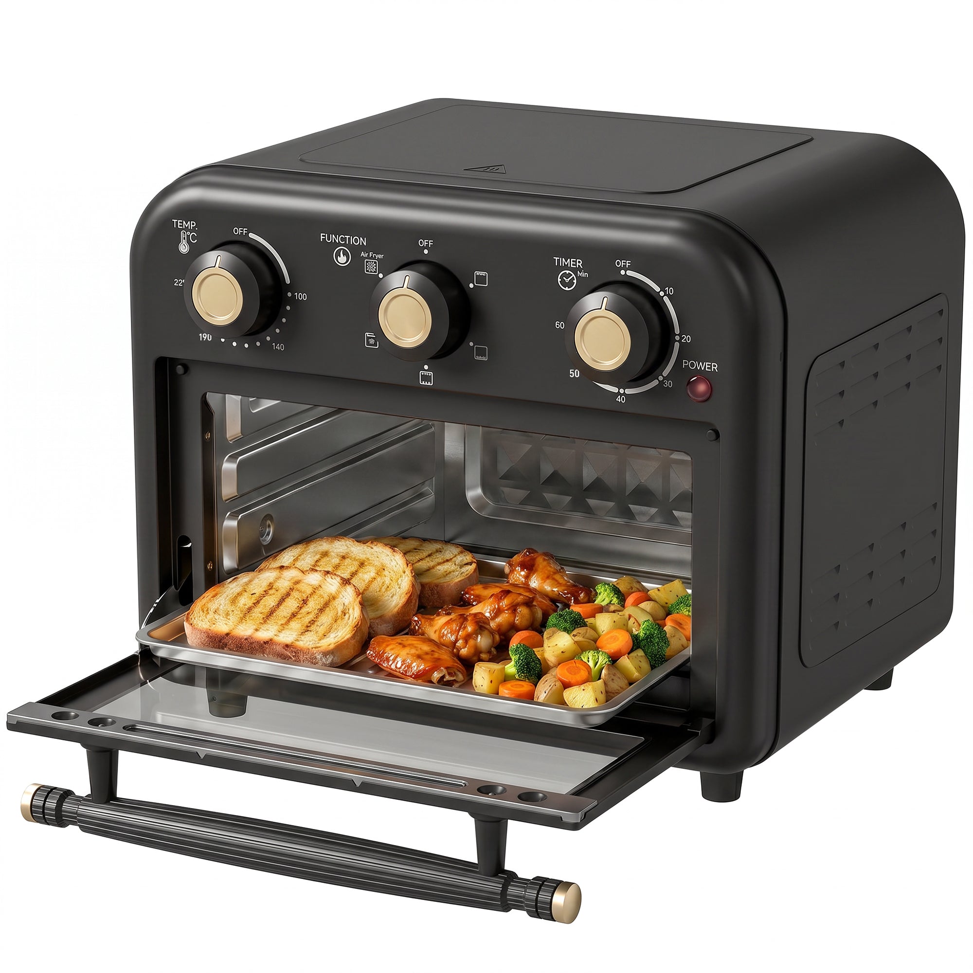 Air Fryer Toaster Oven, 12 L Small Convection Countertop Oven with Knob Controls, Baking Tray and Fry Basket, Adjustable Temperature, Timer, Dishwasher Safe, 1200W, Steel, Black