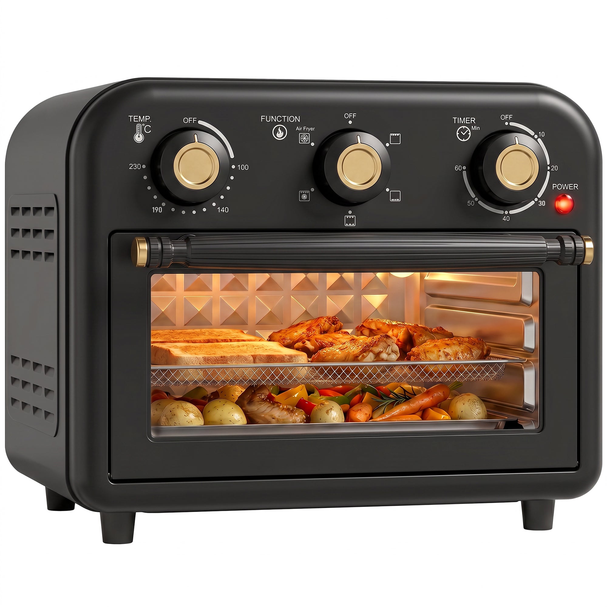 Air Fryer Toaster Oven, 12 L Small Convection Countertop Oven with Knob Controls, Baking Tray and Fry Basket, Adjustable Temperature, Timer, Dishwasher Safe, 1200W, Steel, Black