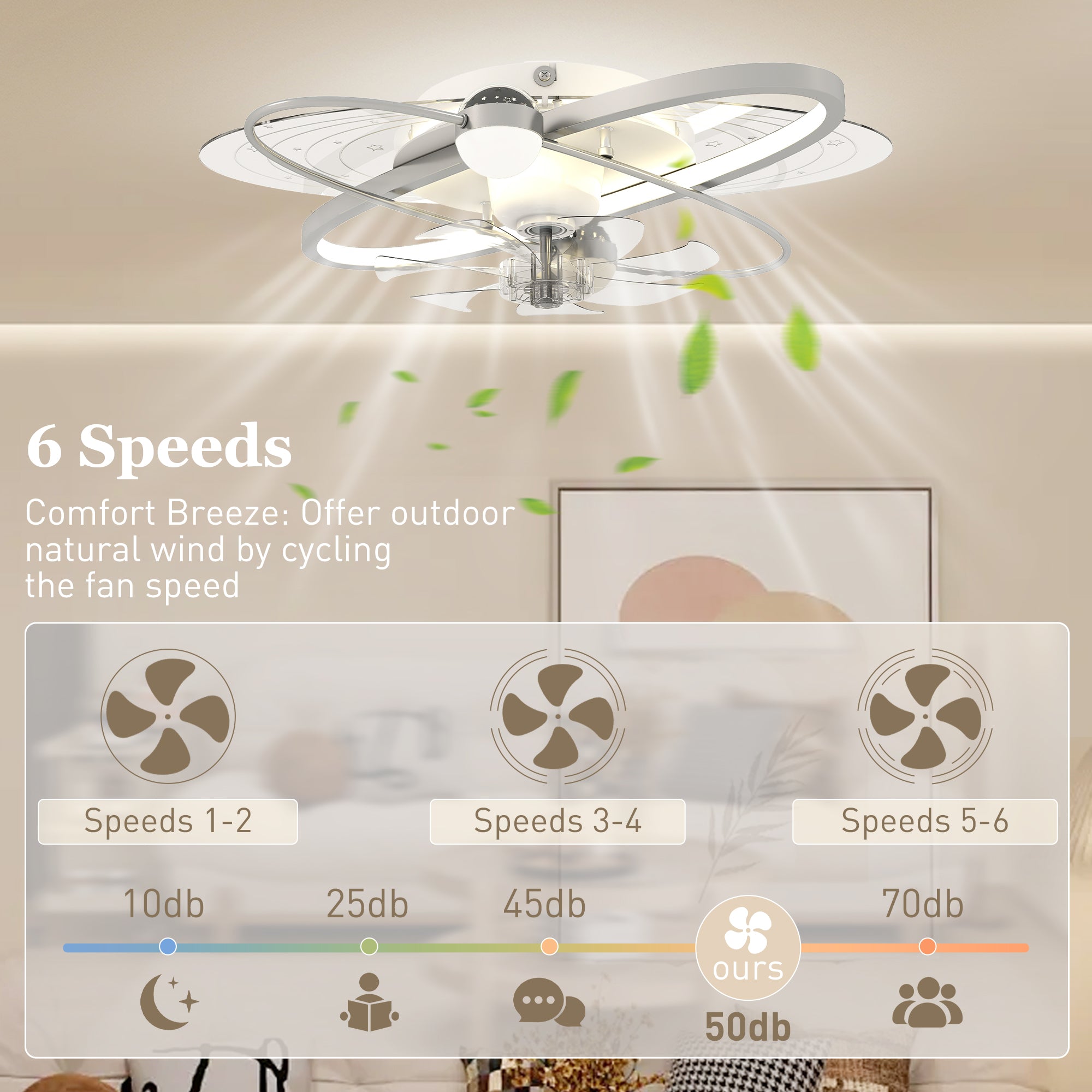Ceiling Fans with Lights and Remote & App Control, 62 cm Modern LED Ceiling Fan Light with 3 Colour Temperatures, 6 Speed, Timer, Dimmable, Quiet Reversible DC Motor, for Bedroom, Silver Tone