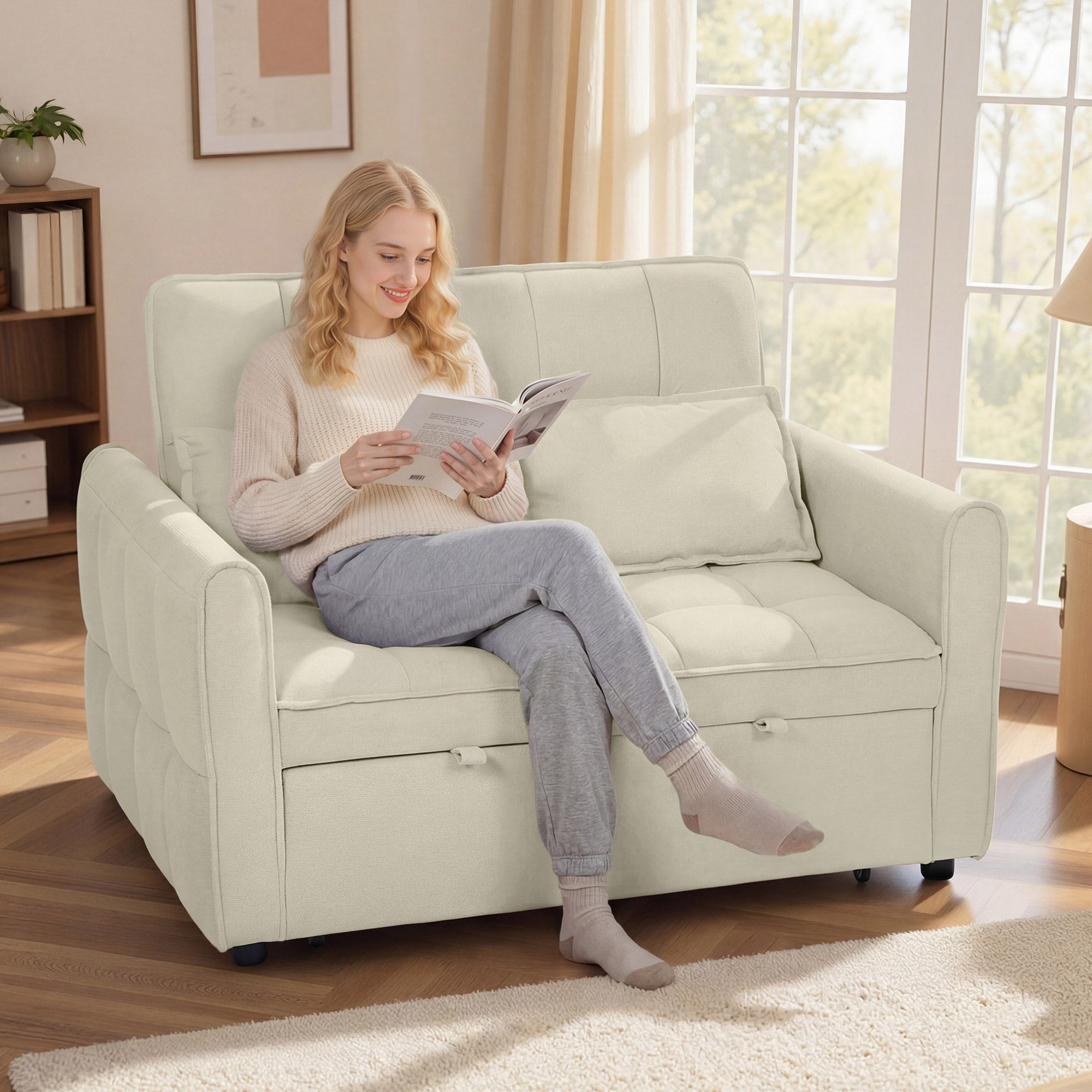 2 Seater Sofa Bed, 3-in-1 Convertible Sleeper Sofa with Click-clack Adjustable Backrest and 2 Pillows, Pull Out Corn Velvet-feel Fabric Bed Settee for Living Room, Guest Room, Light Brown