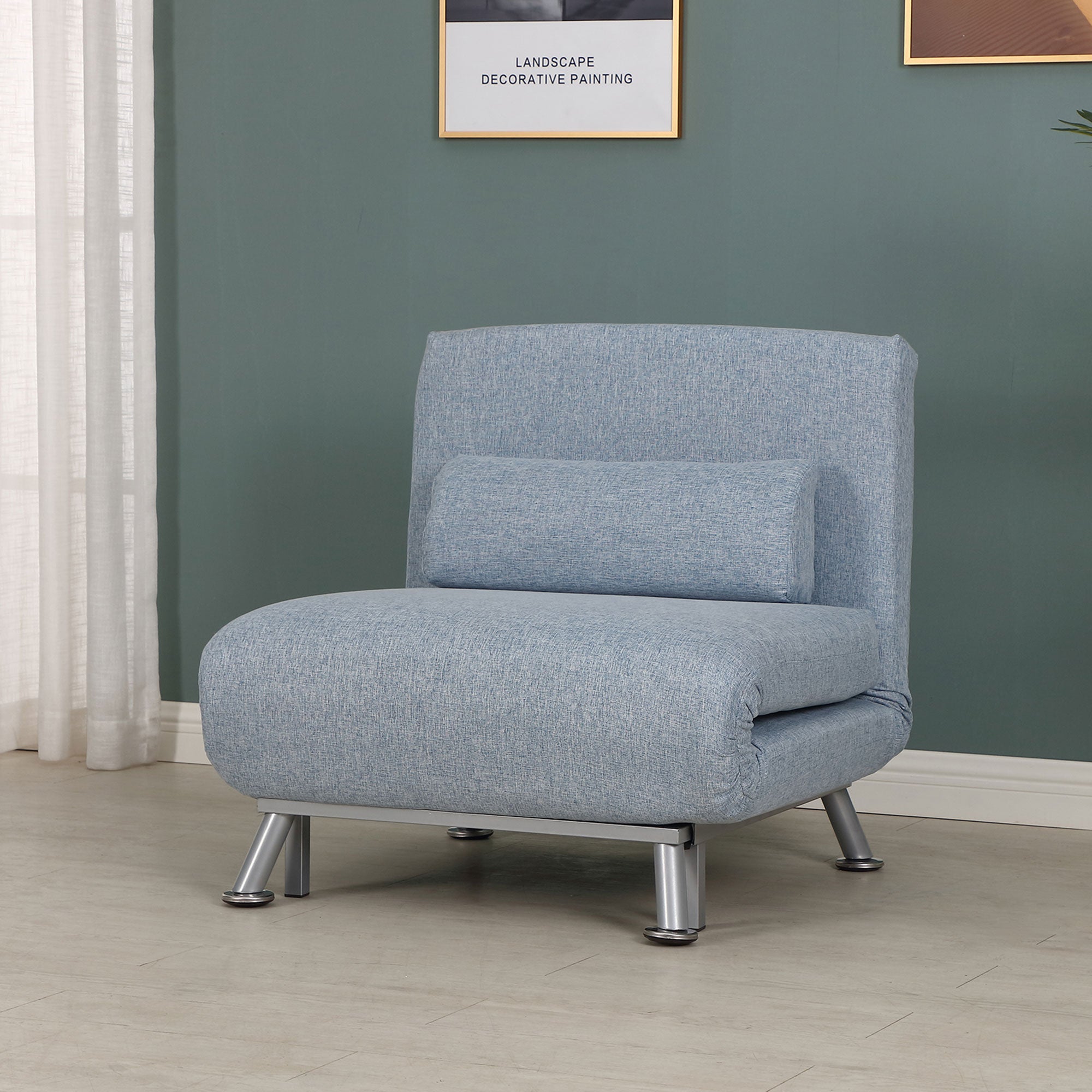 HOMCOM Linen Single Chair Bed, 3-in-1 Convertible Sleeper Chair with Adjustable Backrest, Pillow, for Living Room, Bedroom, Sky Blue