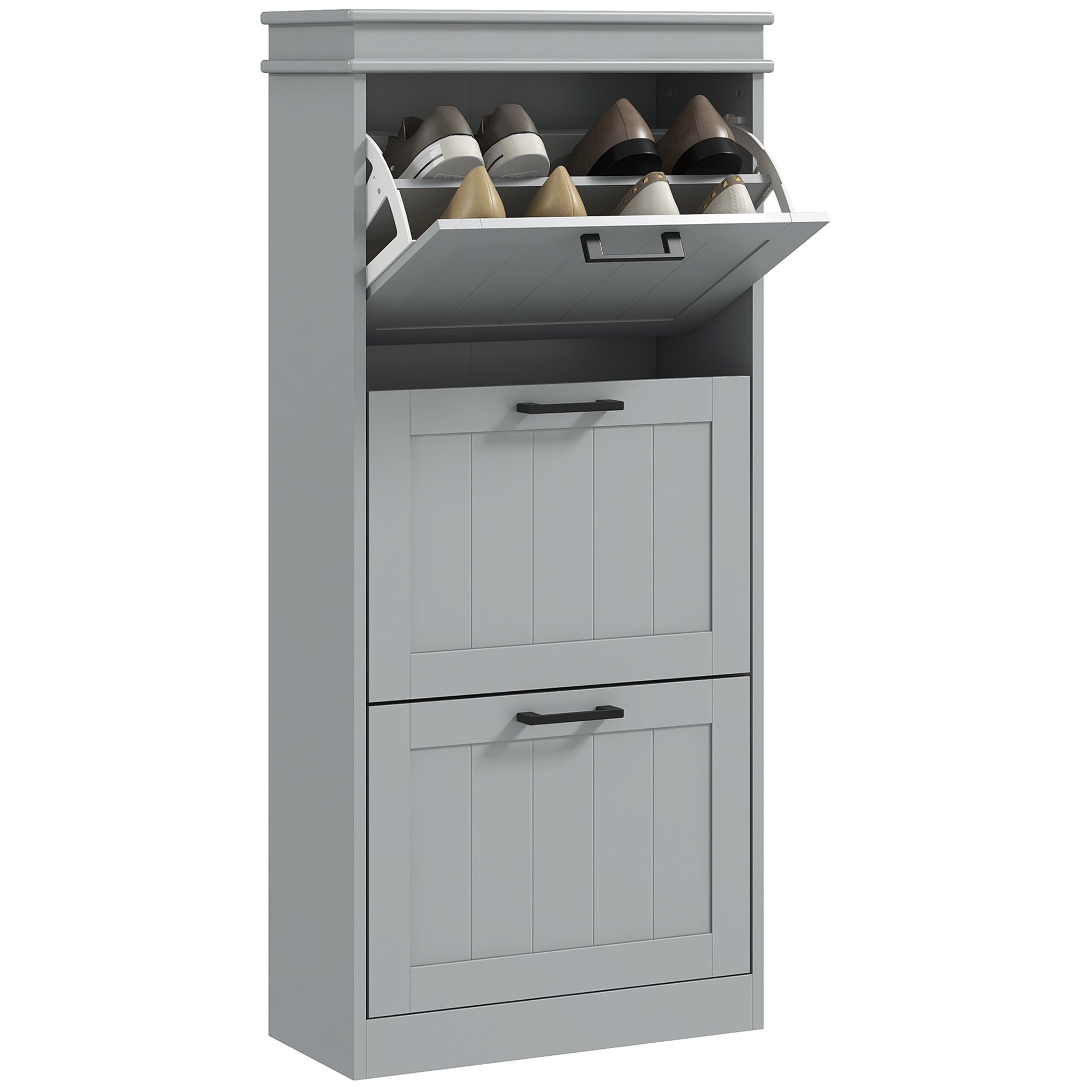 HOMCOM Shoe Cabinet for entryway, Narrow Shoe Storage Cabinet with 3 Flip Drawers and Adjustable Shelves for 15 Pairs of Shoes, Grey