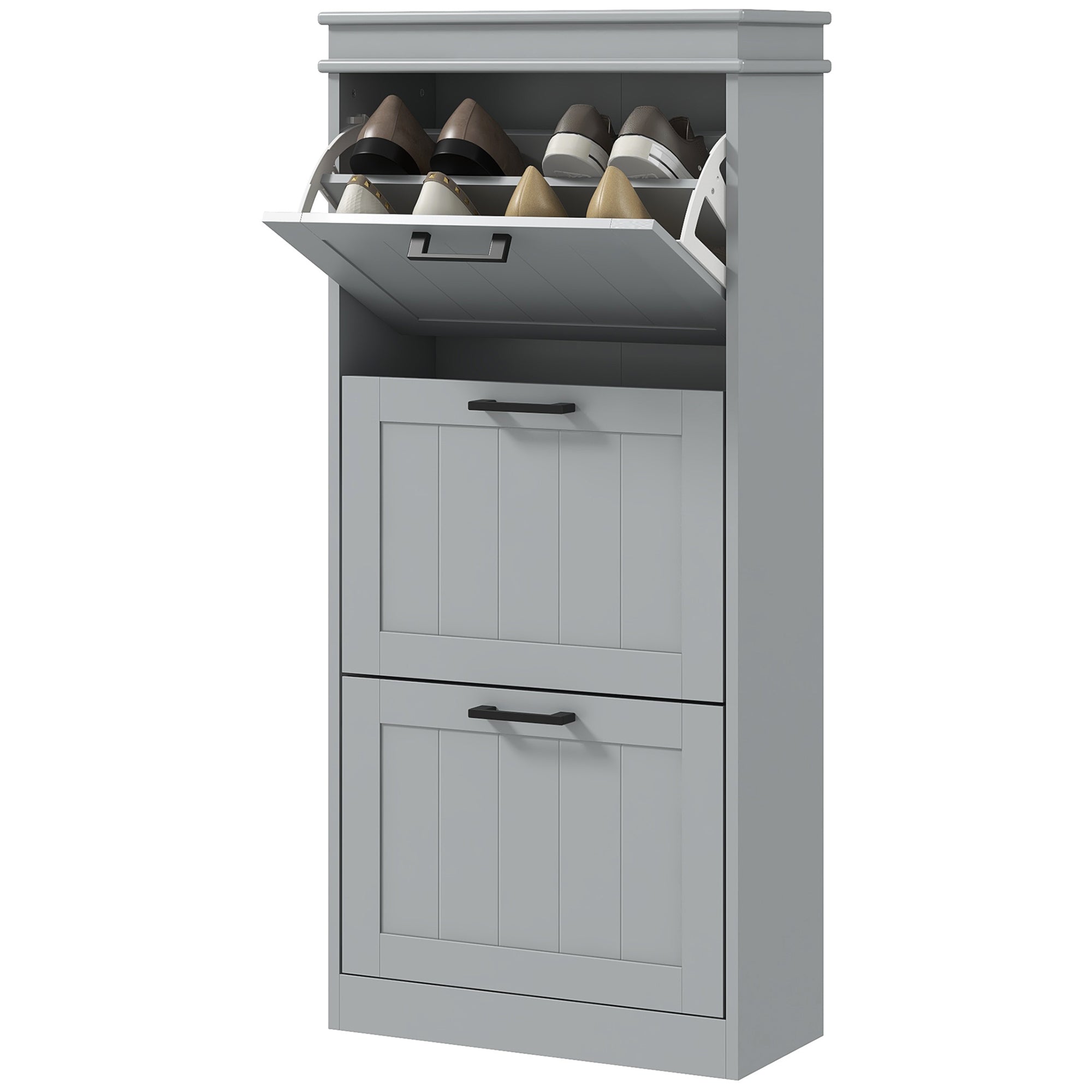 HOMCOM Shoe Cabinet for entryway, Narrow Shoe Storage Cabinet with 3 Flip Drawers and Adjustable Shelves for 15 Pairs of Shoes, Grey