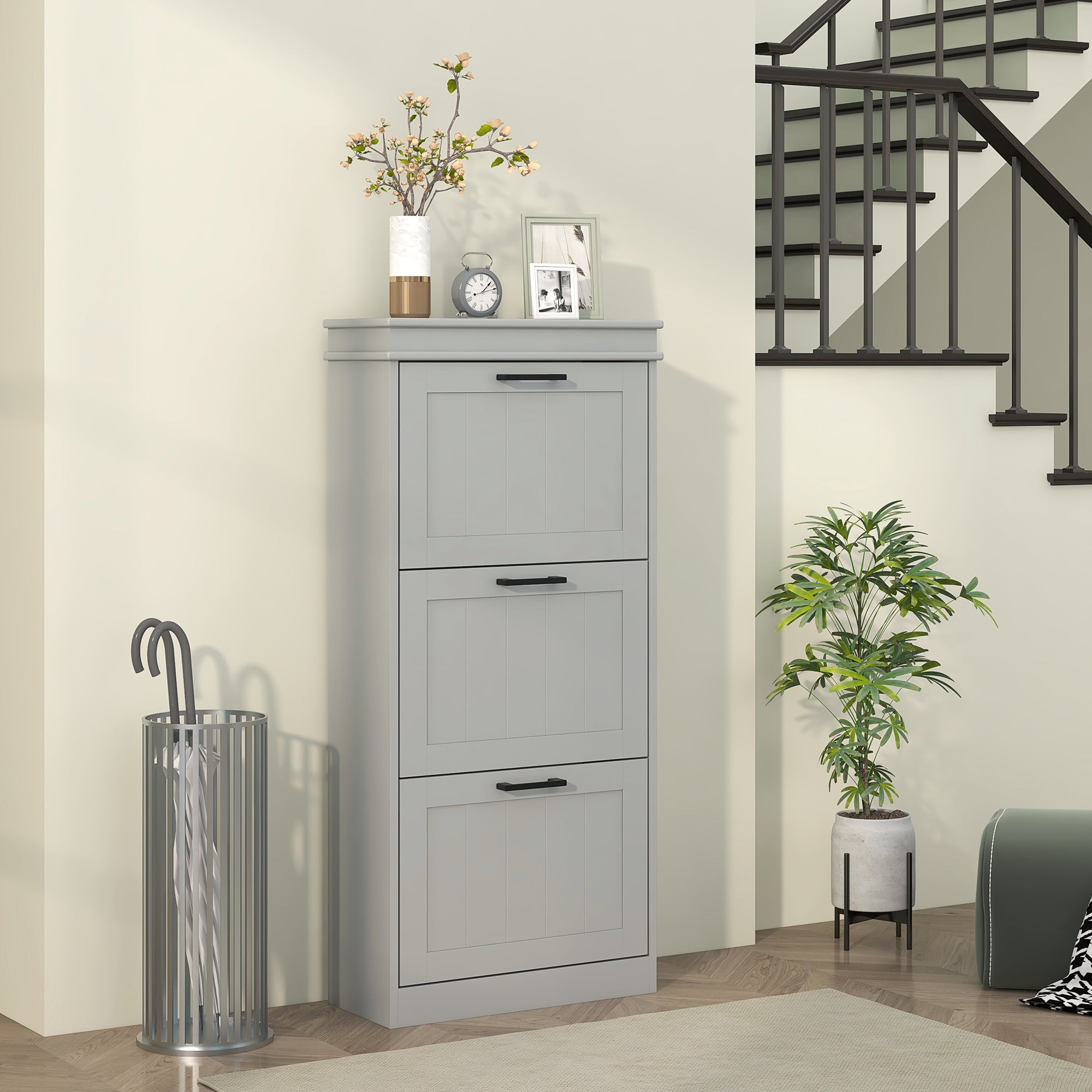 HOMCOM Shoe Cabinet for entryway, Narrow Shoe Storage Cabinet with 3 Flip Drawers and Adjustable Shelves for 15 Pairs of Shoes, Grey