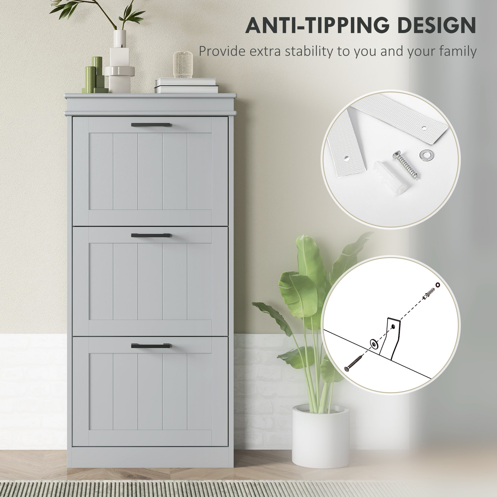 HOMCOM Shoe Cabinet for entryway, Narrow Shoe Storage Cabinet with 3 Flip Drawers and Adjustable Shelves for 15 Pairs of Shoes, Grey