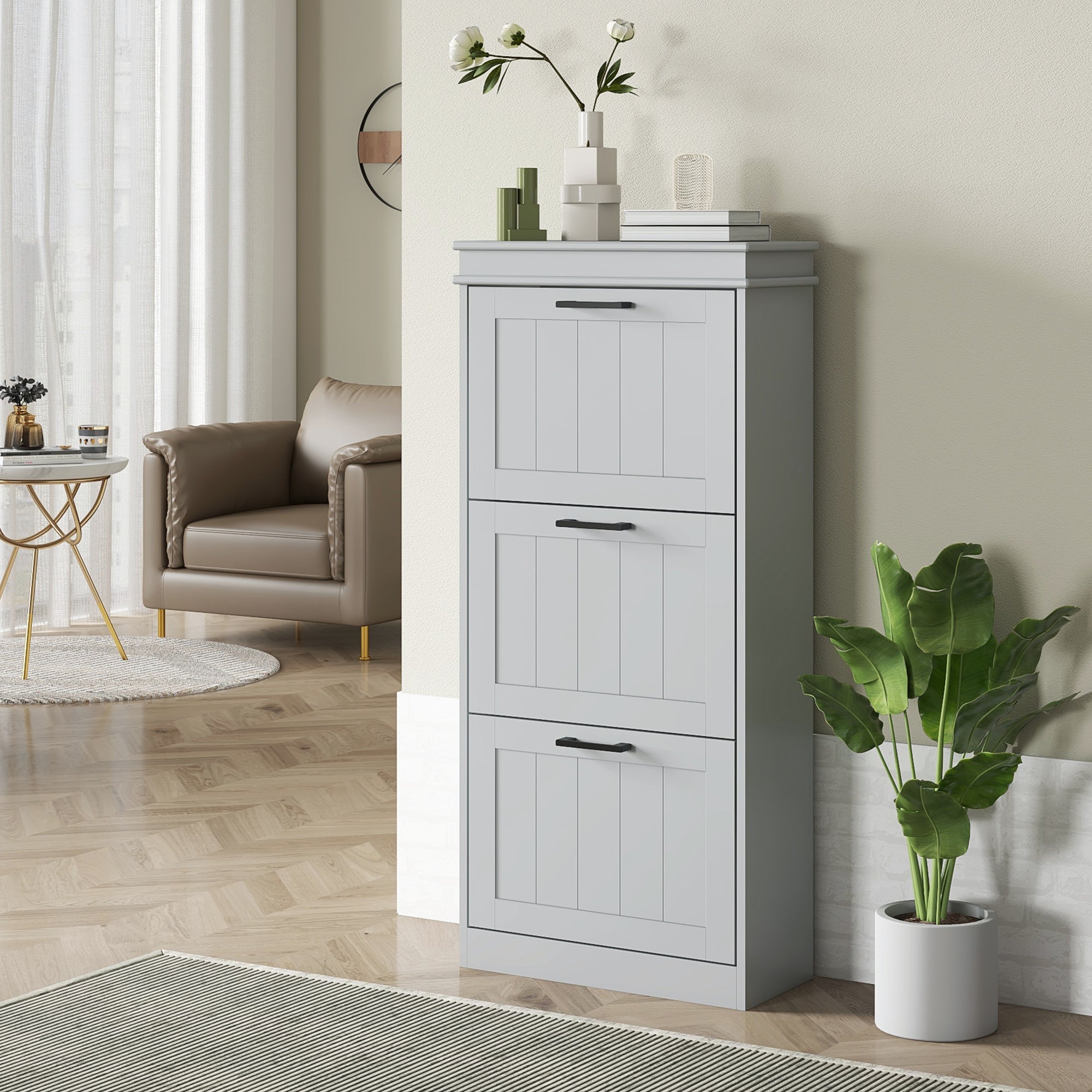 HOMCOM Shoe Cabinet for entryway, Narrow Shoe Storage Cabinet with 3 Flip Drawers and Adjustable Shelves for 15 Pairs of Shoes, Grey
