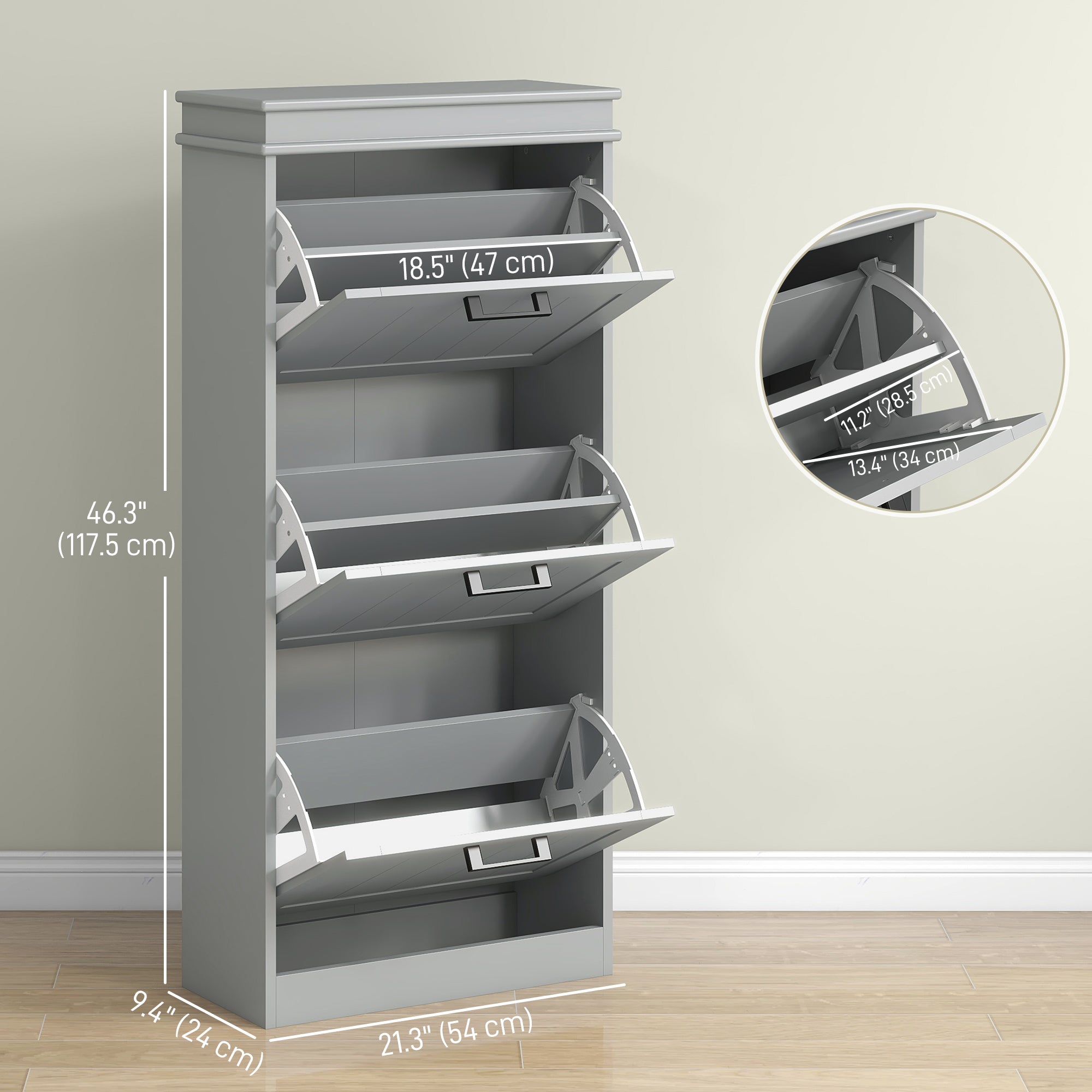 HOMCOM Shoe Cabinet for entryway, Narrow Shoe Storage Cabinet with 3 Flip Drawers and Adjustable Shelves for 15 Pairs of Shoes, Grey
