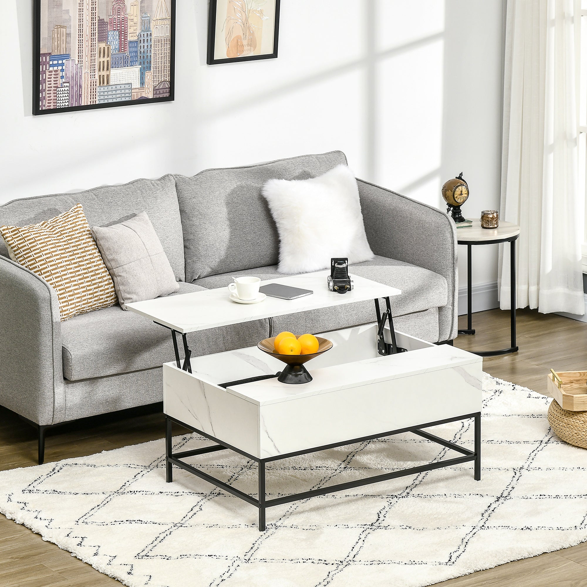 Modern Lift Top Coffee Table with Hidden Storage Compartment and Metal Legs Living Room White