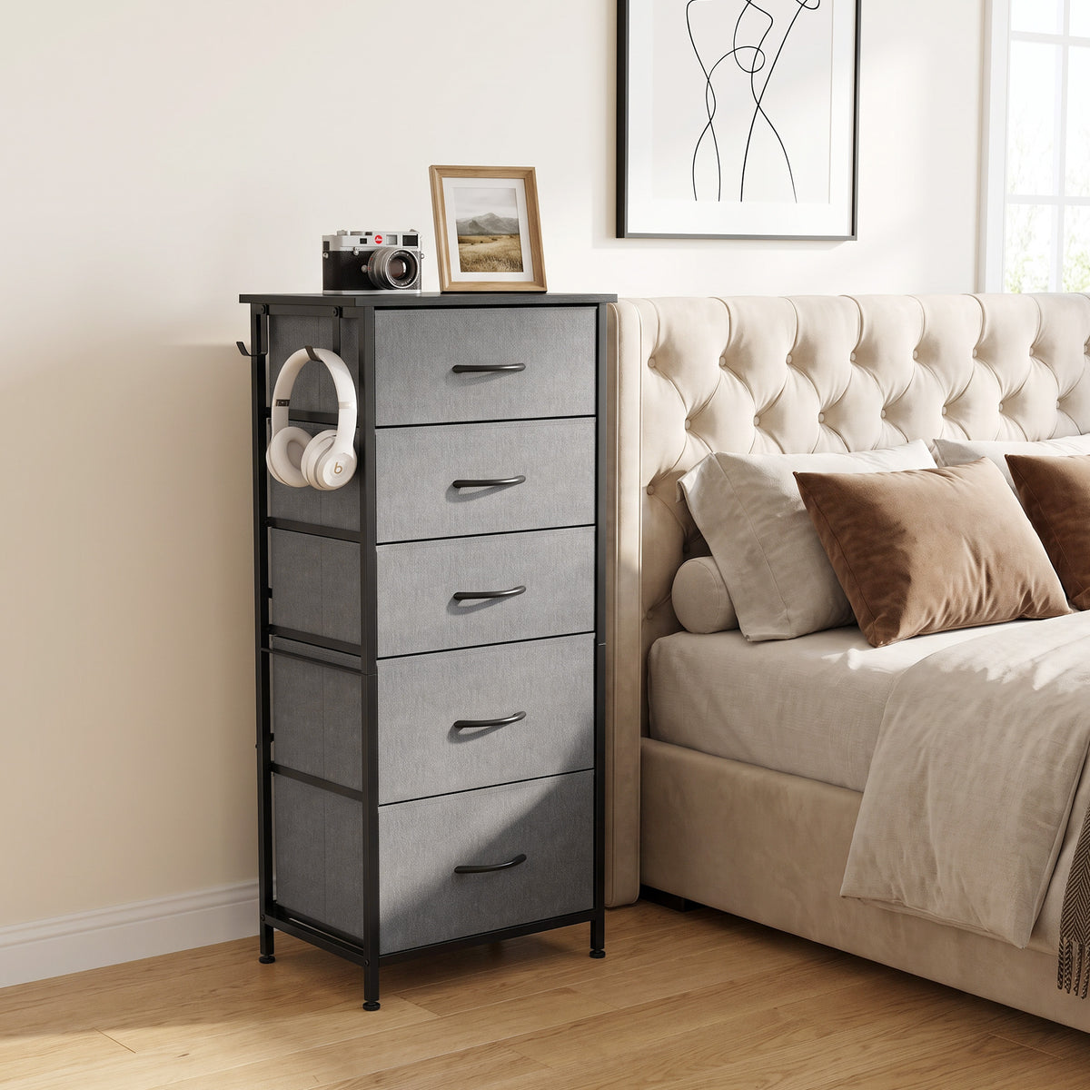 Chest of Drawers, Dresser for Bedroom with 5 Fabric Drawers, Tall Storage Unit with 4 Pockets, 2 Hooks and Steel Frame for Living Room, Hallway, Charcoal Grey