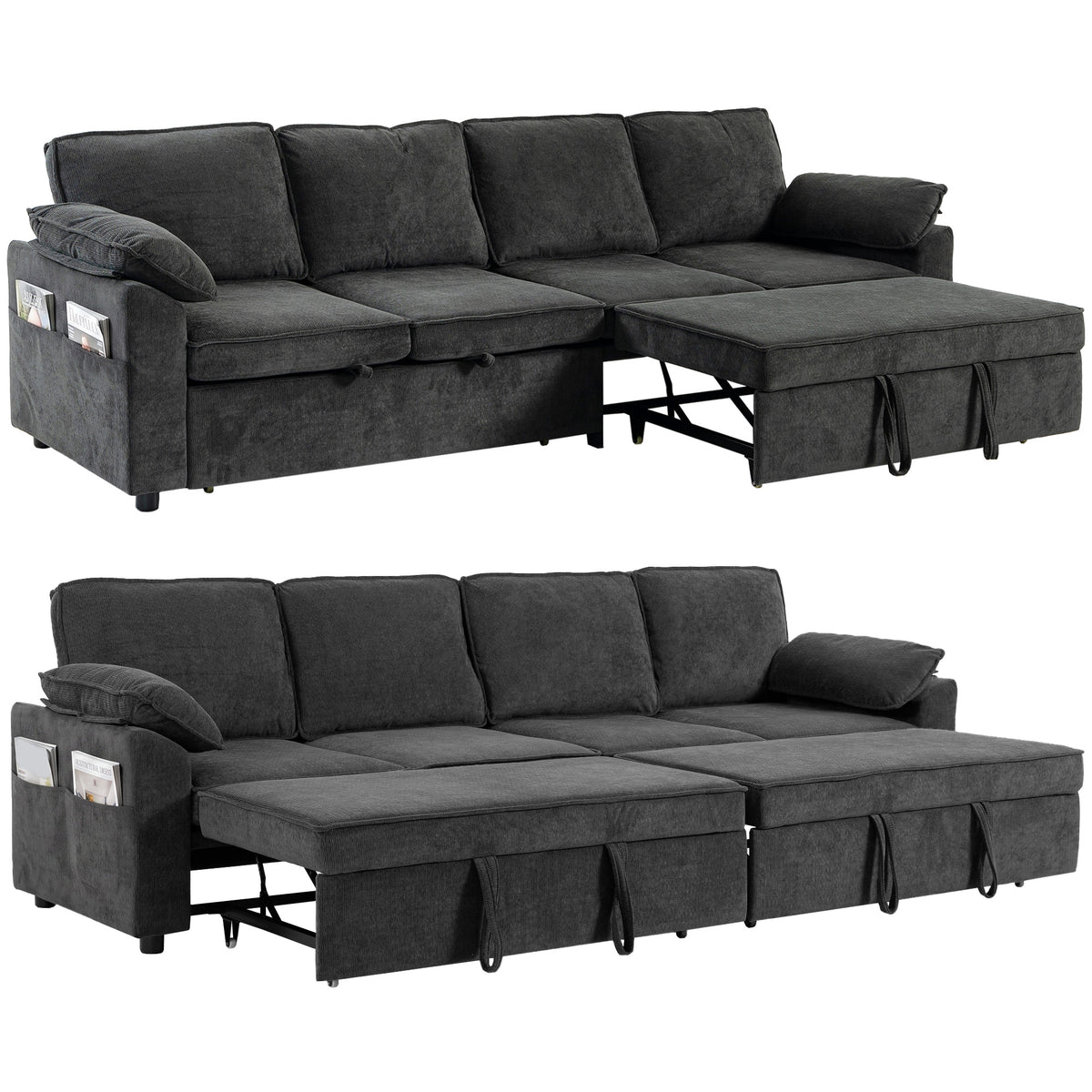 Sectional Sofa Bed, Sleeper Sofa Bed Couch with Double Pullout, Integrated Footrest, Chenille Fabric Futon for Living Room Bedroom Study, Dark Grey